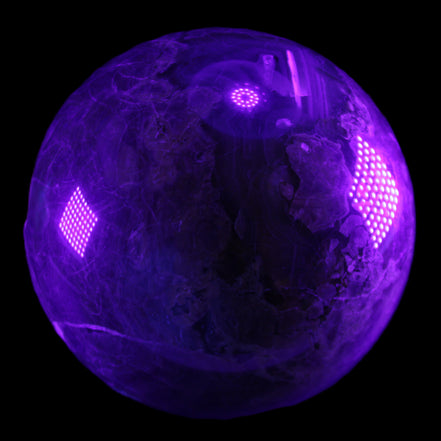 Volcano Agate sphere 135mm 3240g in UV light - Rocks and Things Store