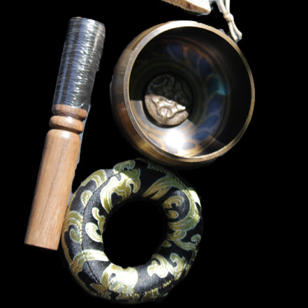 Singing bowl 85m with matt and mallet 125mm in sunlight - Rocks and Things Store