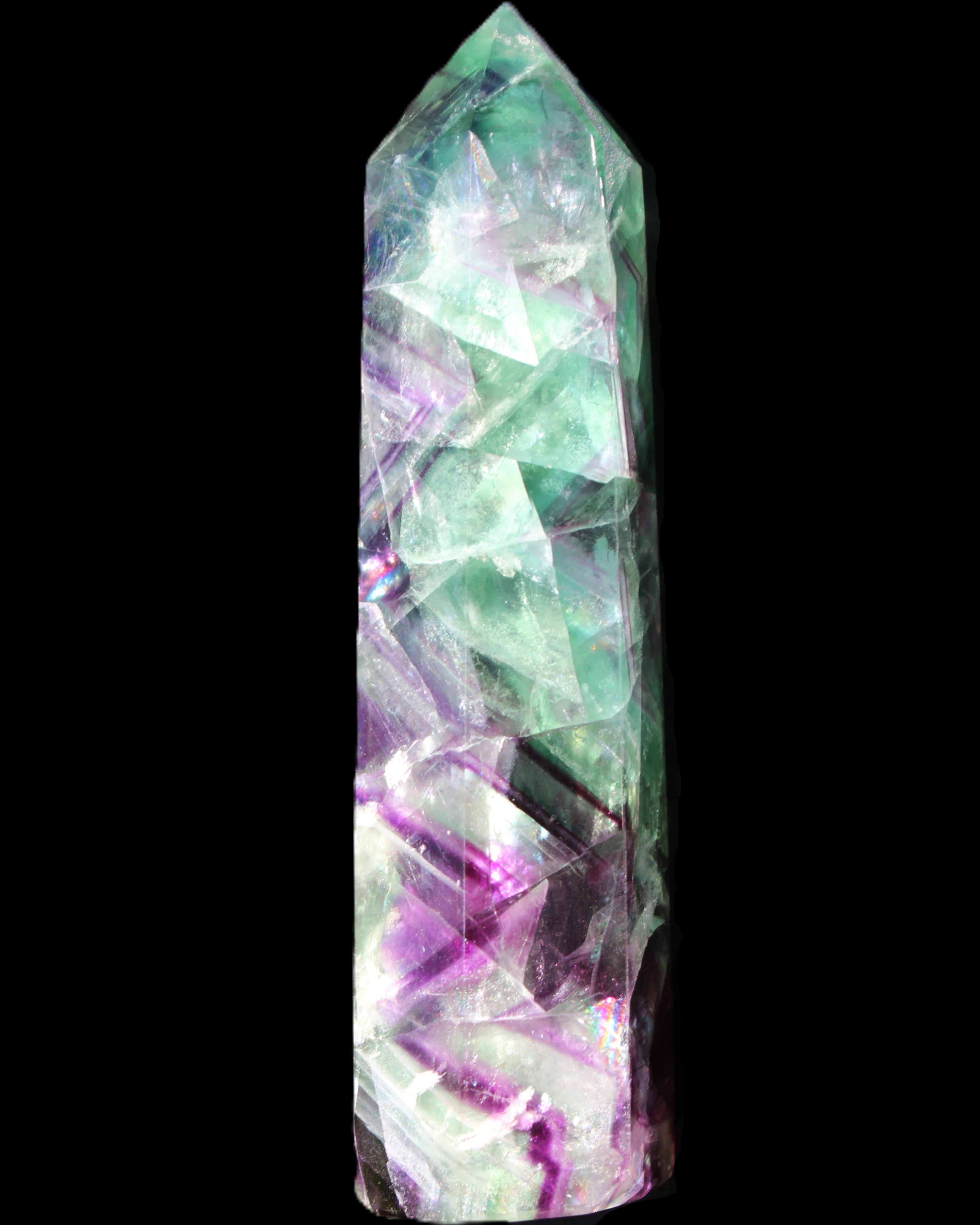 Rainbow Fluorite obelisk 116*26*30mm 151g in sunlight - Rocks and Things Store