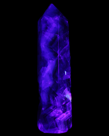 Rainbow Fluorite obelisk 116*26*30mm 151g in UV light - Rocks and Things Store