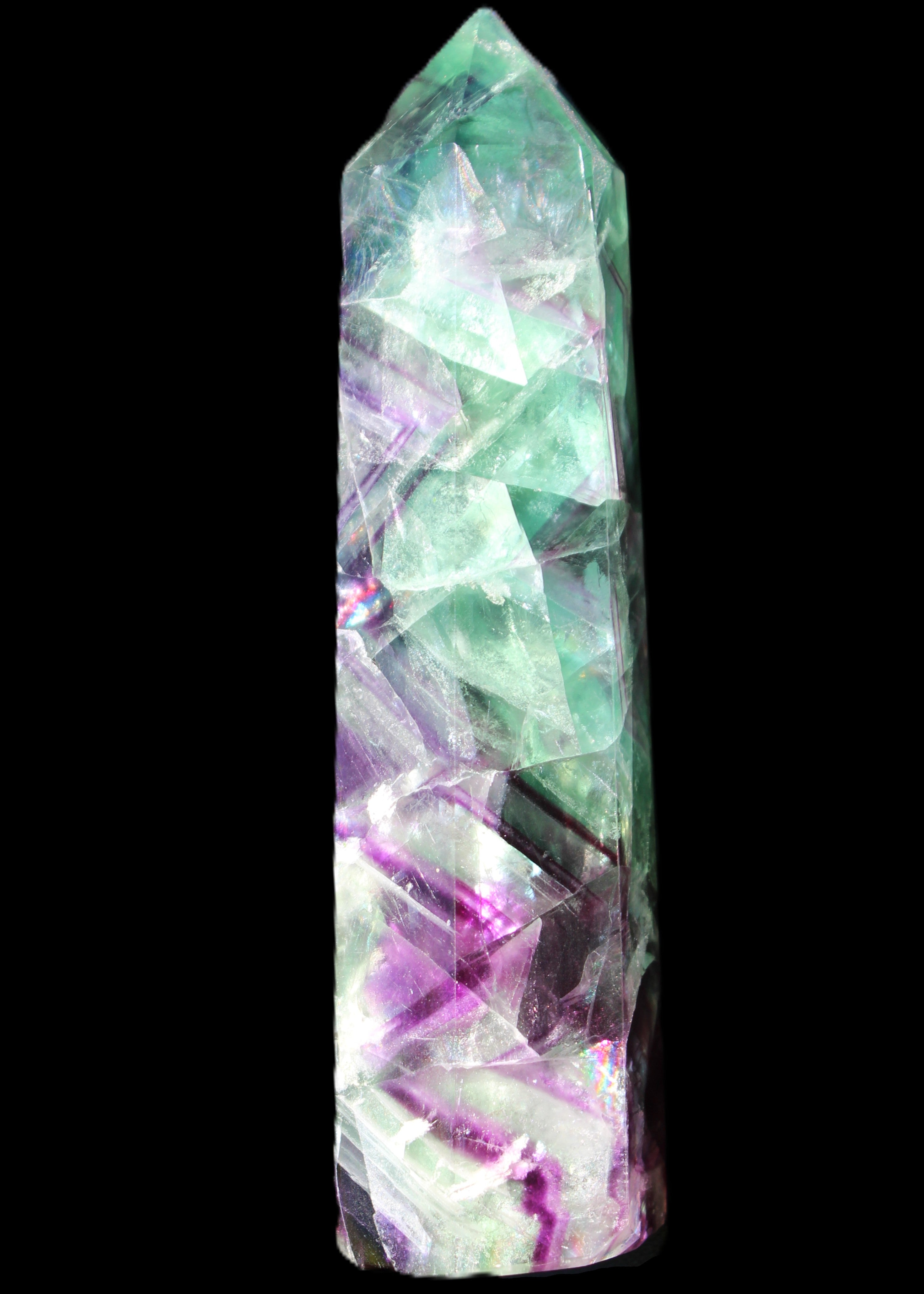 Rainbow Fluorite obelisk 116*26*30mm 151g in sunlight - Rocks and Things Store