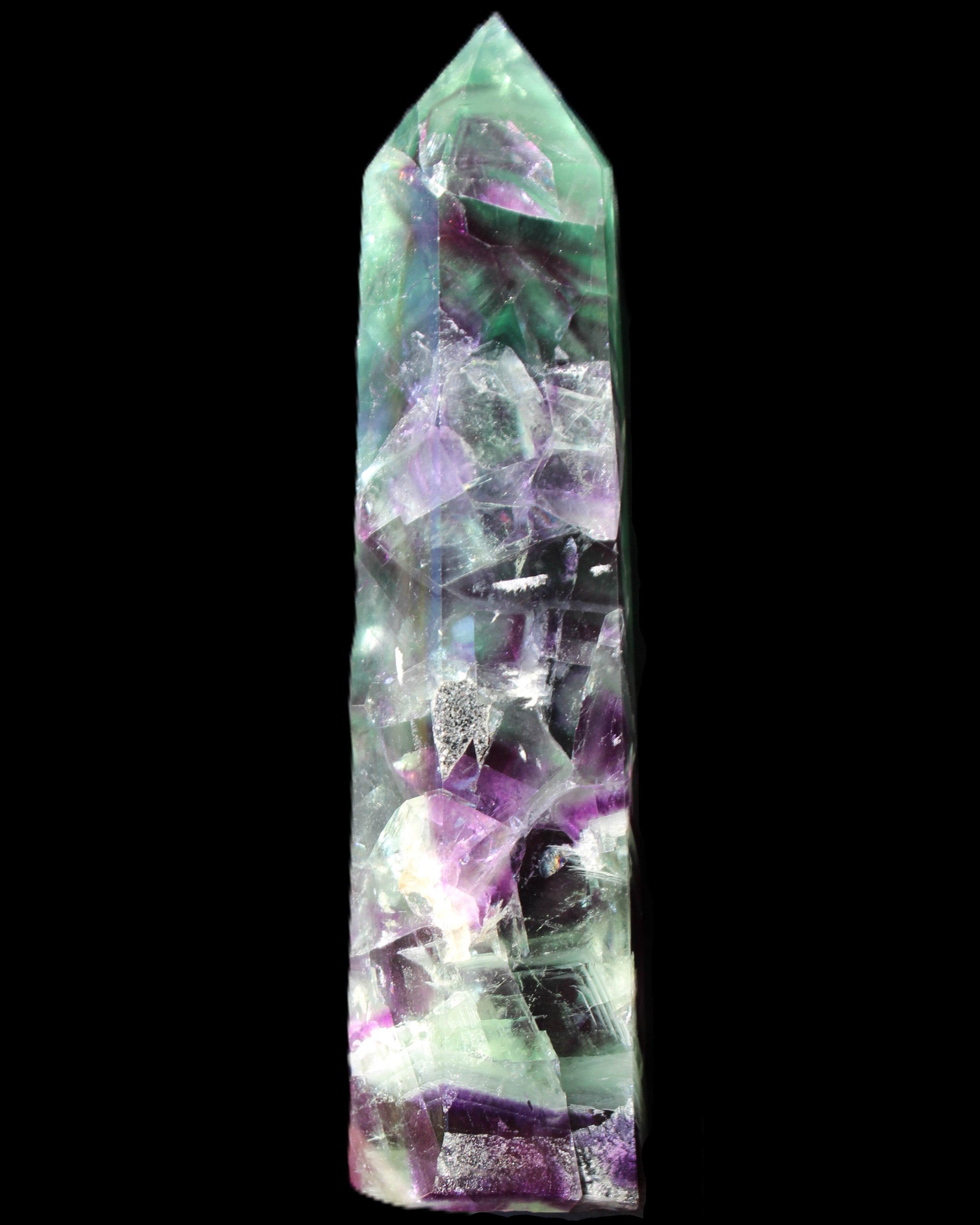 Rainbow Fluorite obelisk 116*26*30mm 151g in sunlight - Rocks and Things Store
