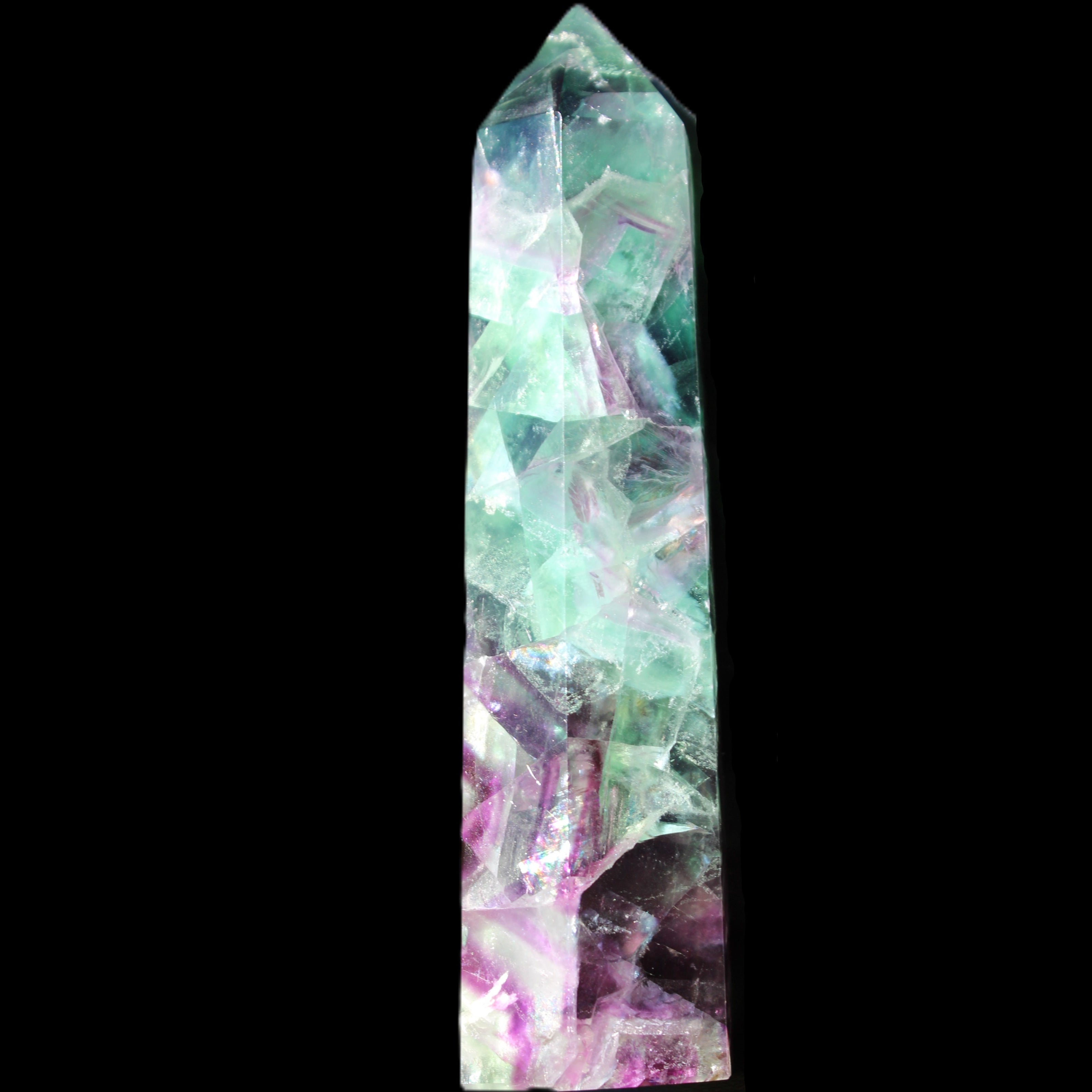 Rainbow Fluorite obelisk 116*26*30mm 151g in sunlight - Rocks and Things Store