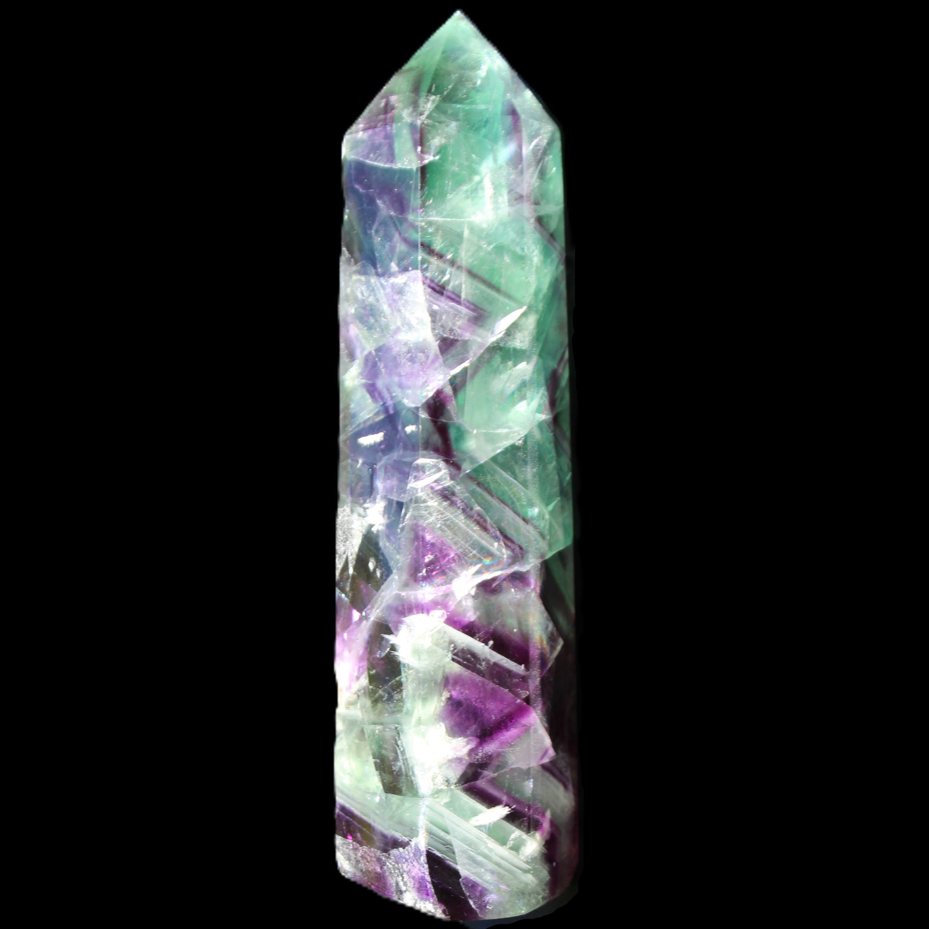 Rainbow Fluorite obelisk 116*26*30mm 151g in sunlight - Rocks and Things Store