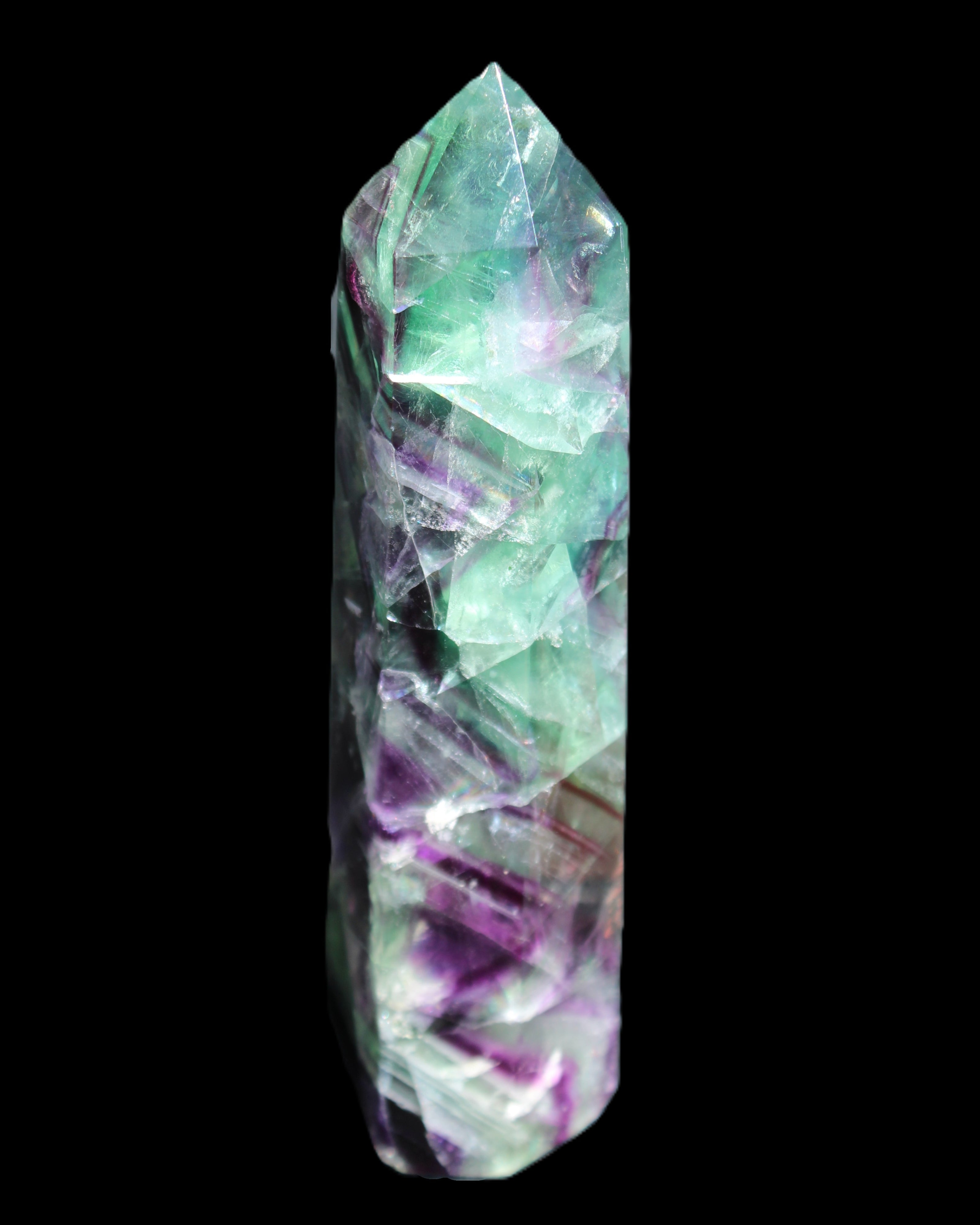 Rainbow Fluorite obelisk 116*26*30mm 151g in sunlight - Rocks and Things Store