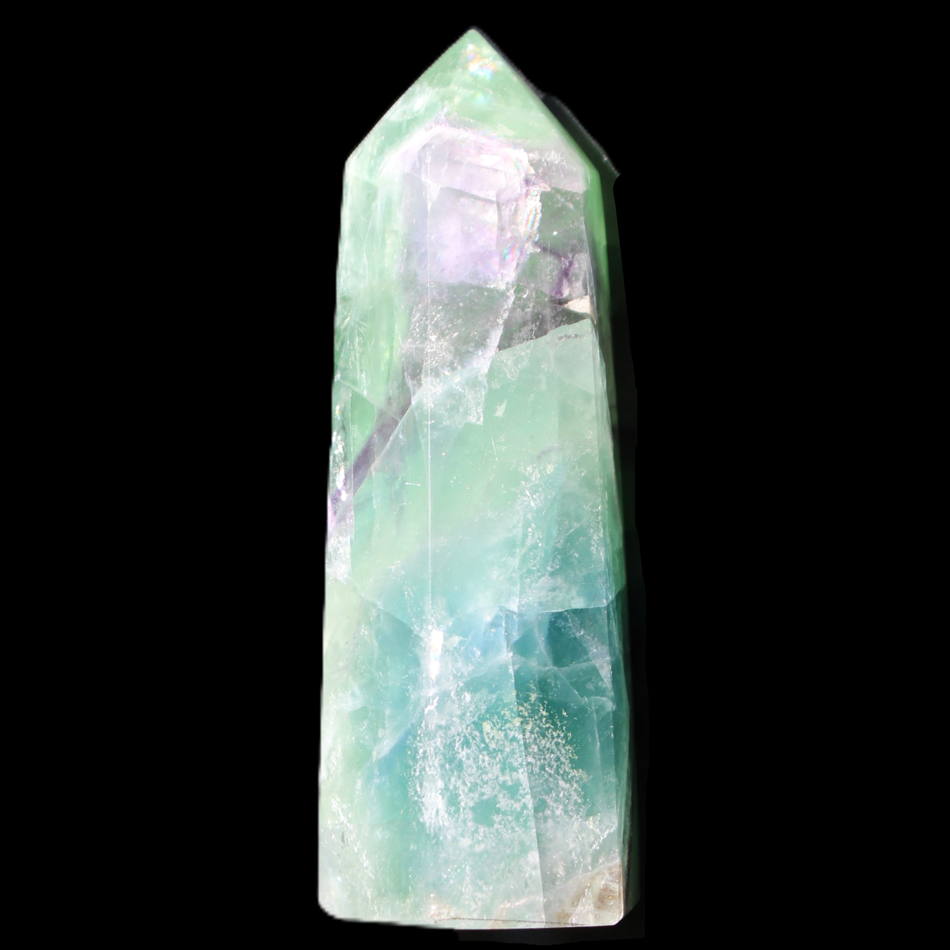 Rainbow Fluorite obelisk 89*30*32mm 170g in sunlight - Rocks and Things Store