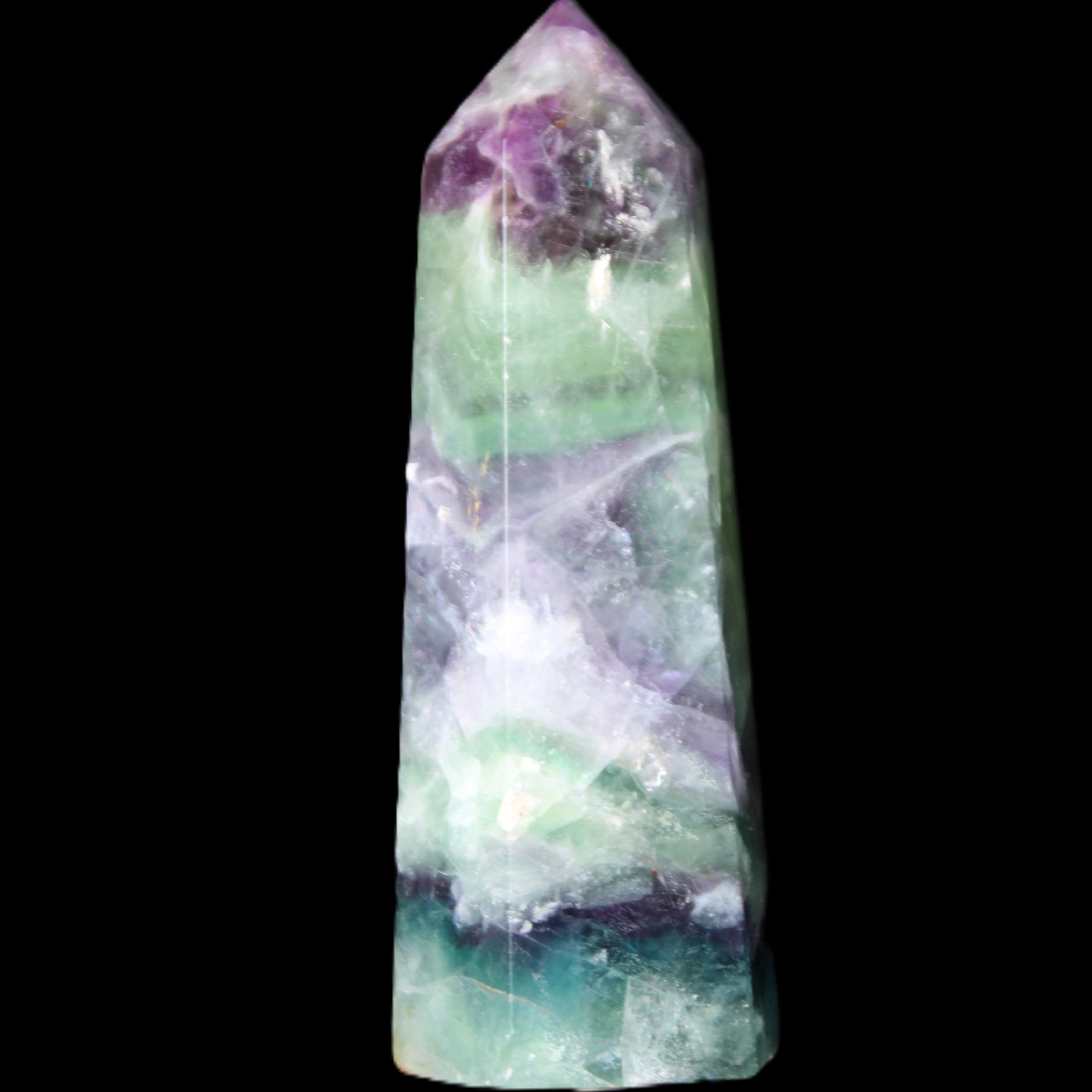 Rainbow Fluorite obelisk 99*32*36mm 191g in UV light - Rocks and Things Store