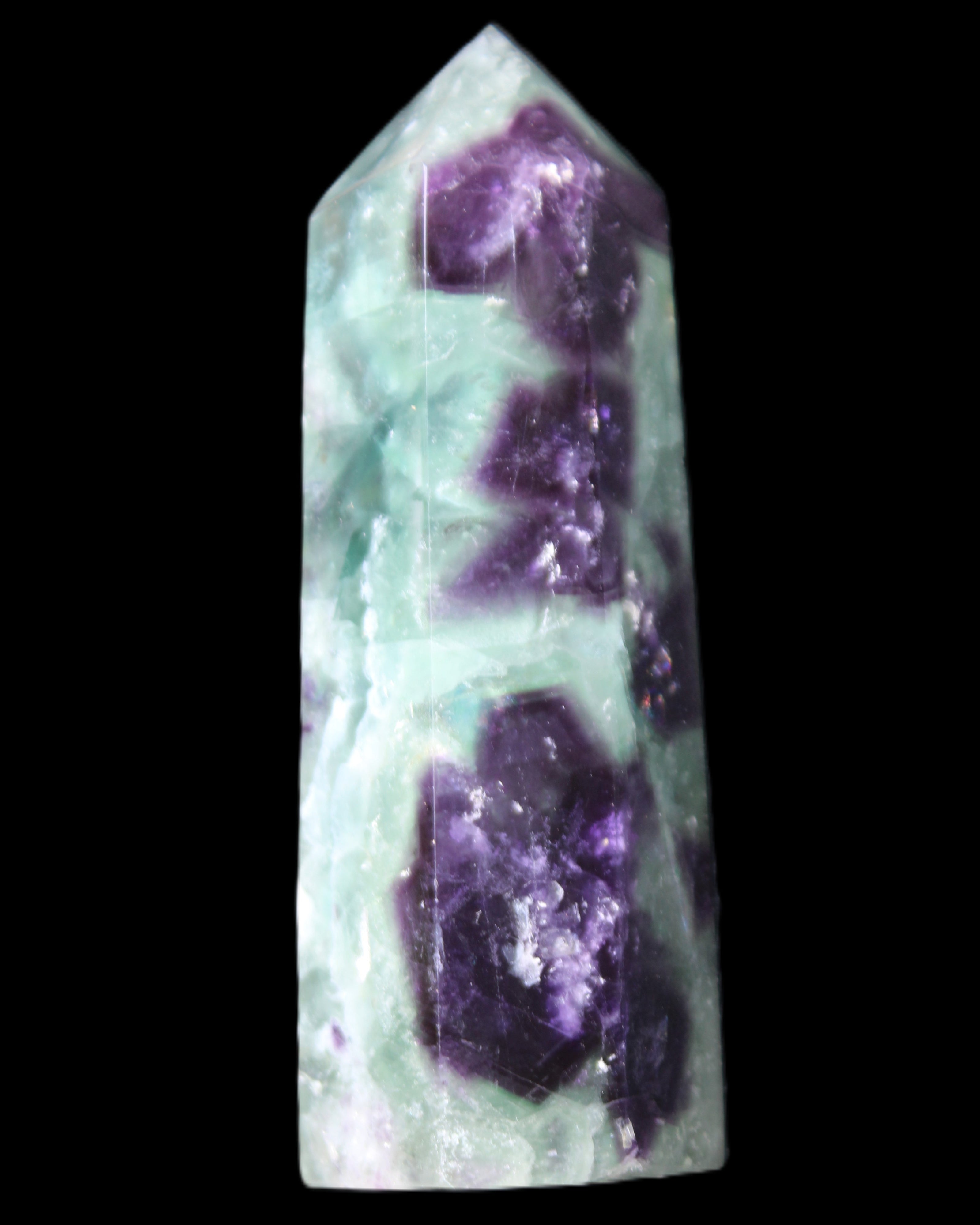 Rainbow Fluorite obelisk 95*29*34mm 170g in UV light - Rocks and Things Store