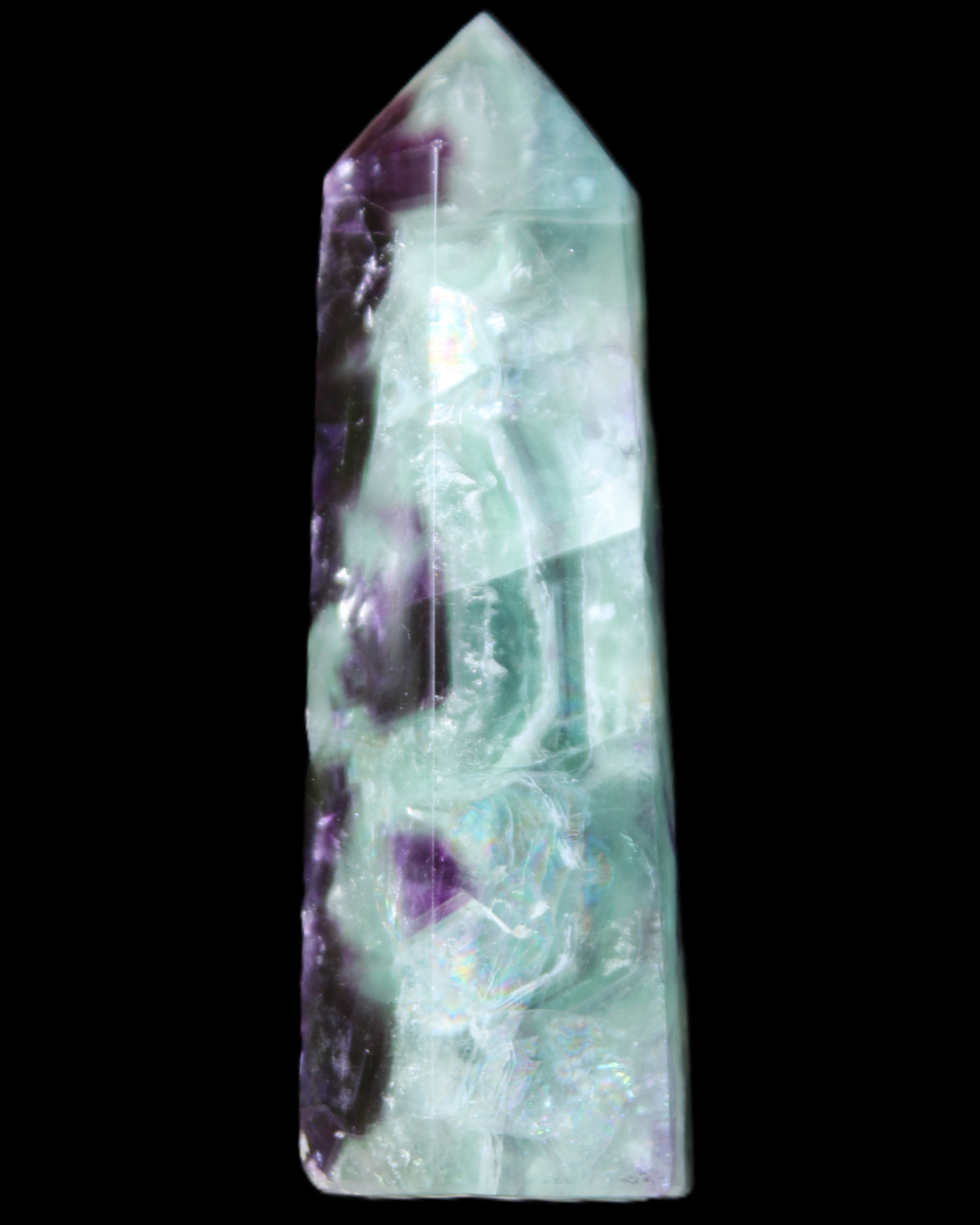 Rainbow Fluorite obelisk 95*29*34mm 170g in UV light - Rocks and Things Store