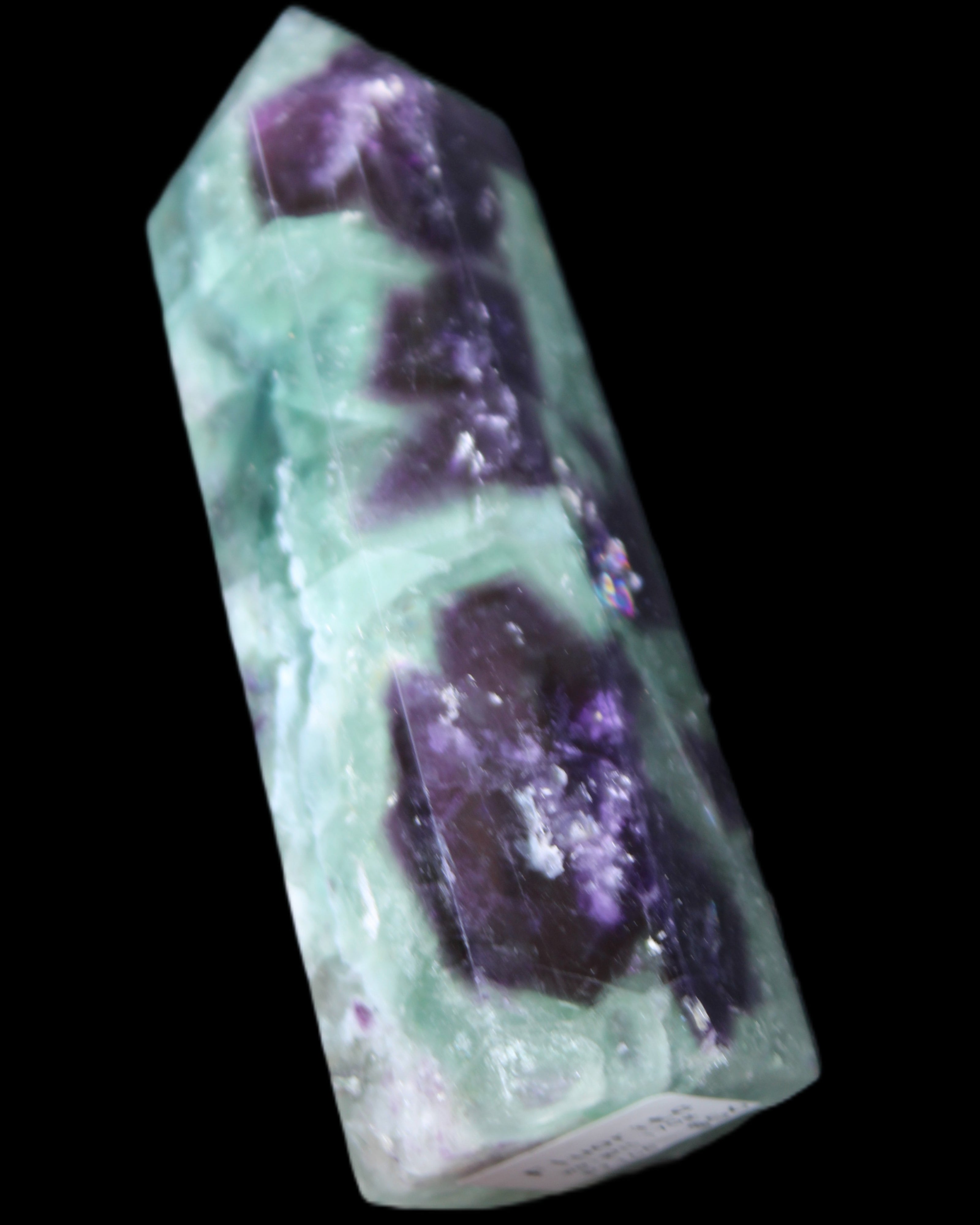 Rainbow Fluorite obelisk 95*29*34mm 170g in UV light - Rocks and Things Store