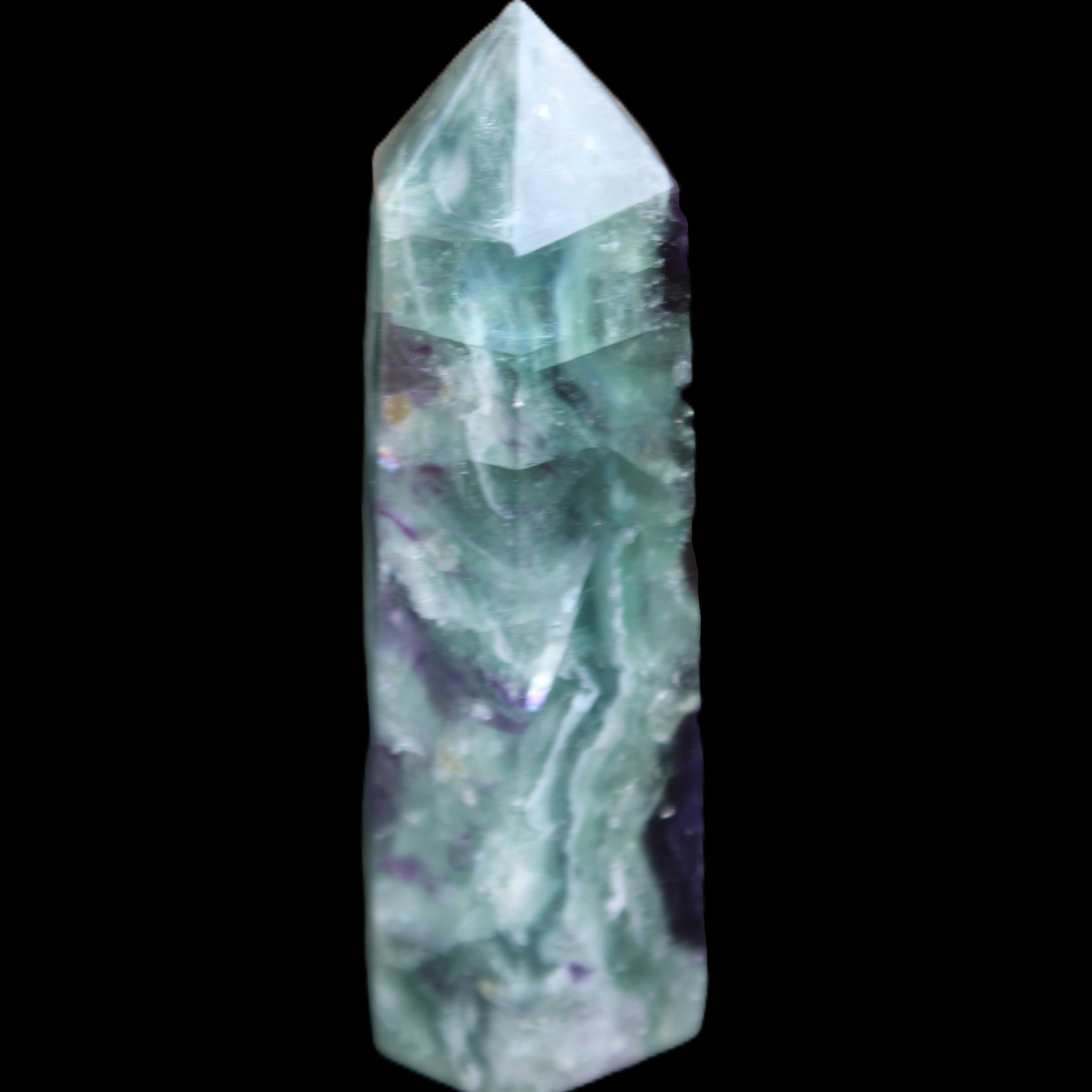Rainbow Fluorite obelisk 95*29*34mm 170g in UV light - Rocks and Things Store