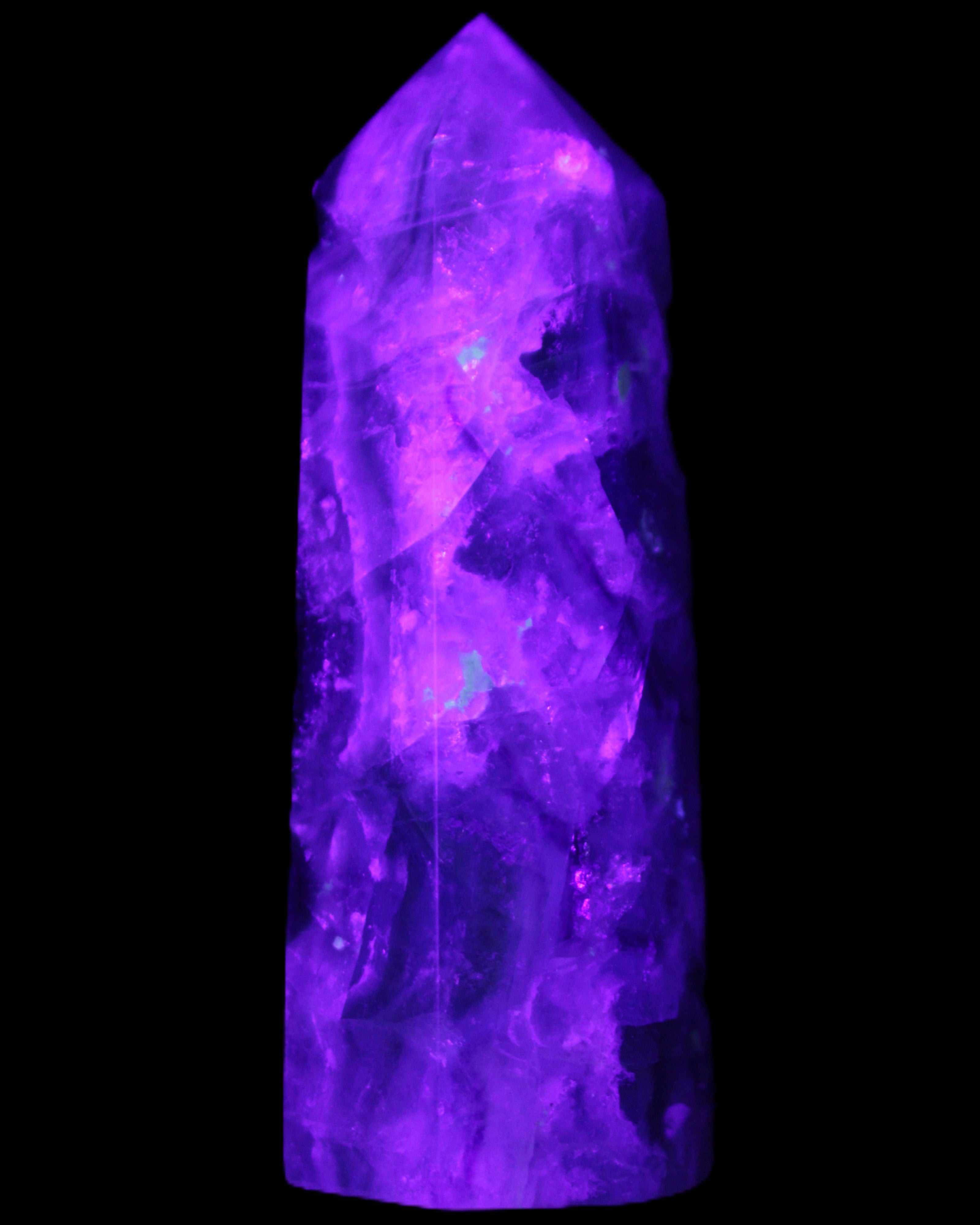 Rainbow Fluorite obelisk 95*29*34mm 170g in UV light - Rocks and Things Store