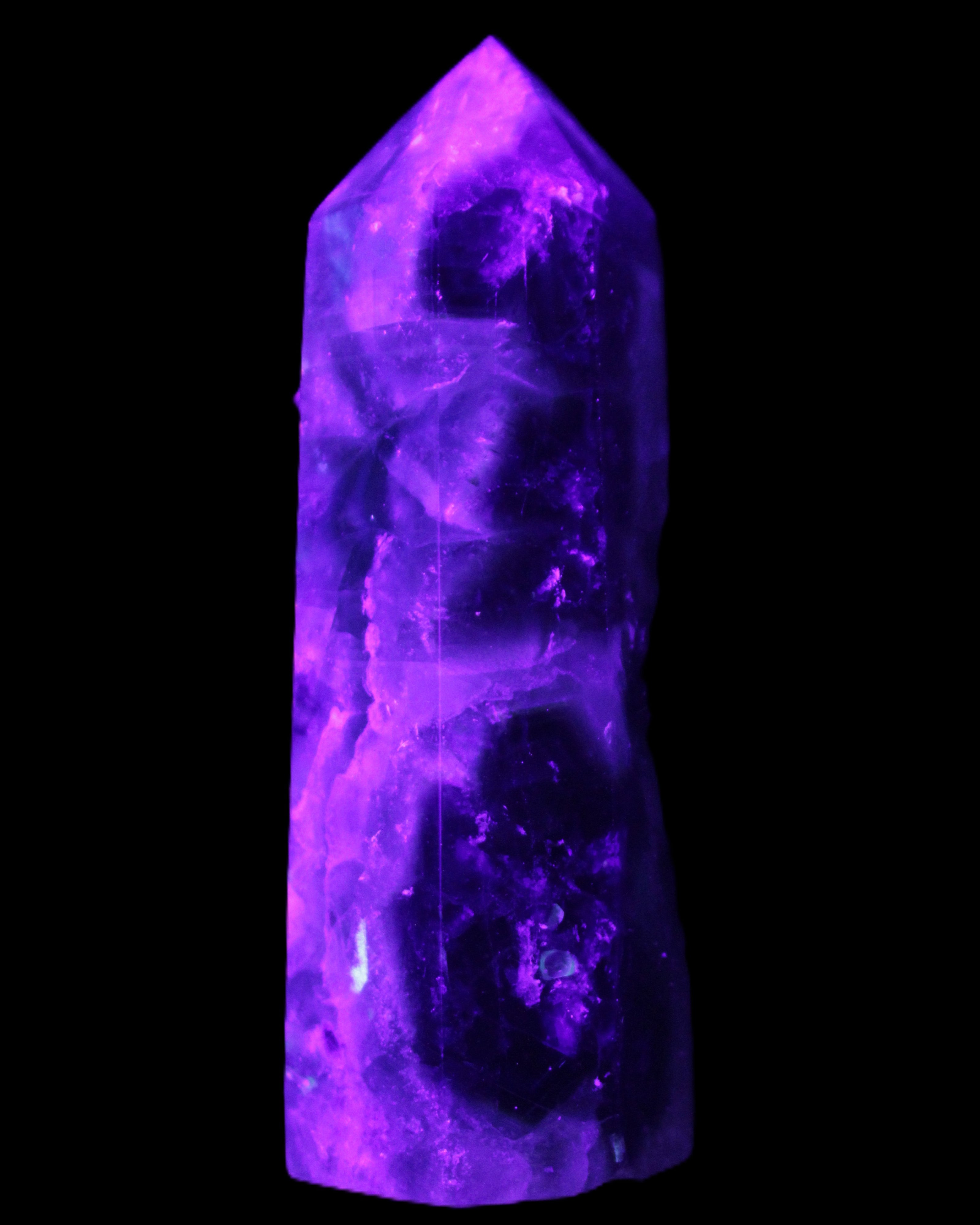 Rainbow Fluorite obelisk 95*29*34mm 170g in UV light - Rocks and Things Store