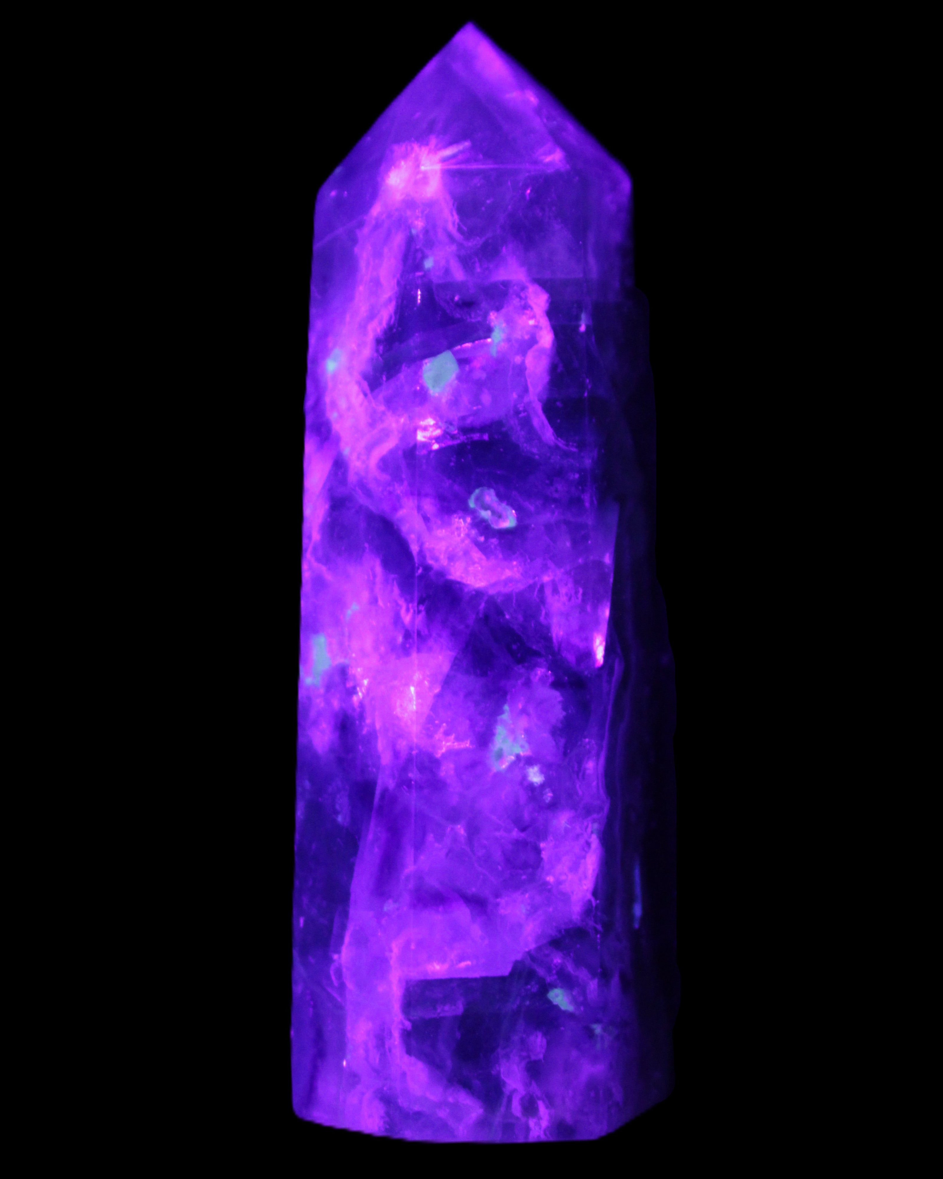 Rainbow Fluorite obelisk 95*29*34mm 170g in UV light - Rocks and Things Store