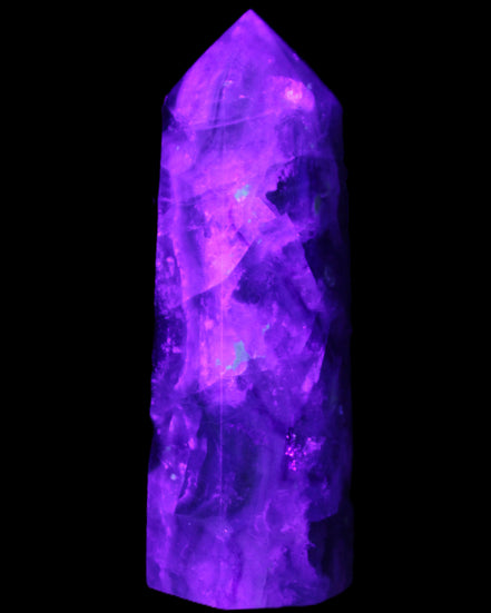 Rainbow Fluorite obelisk 95*29*34mm 170g in UV light - Rocks and Things Store
