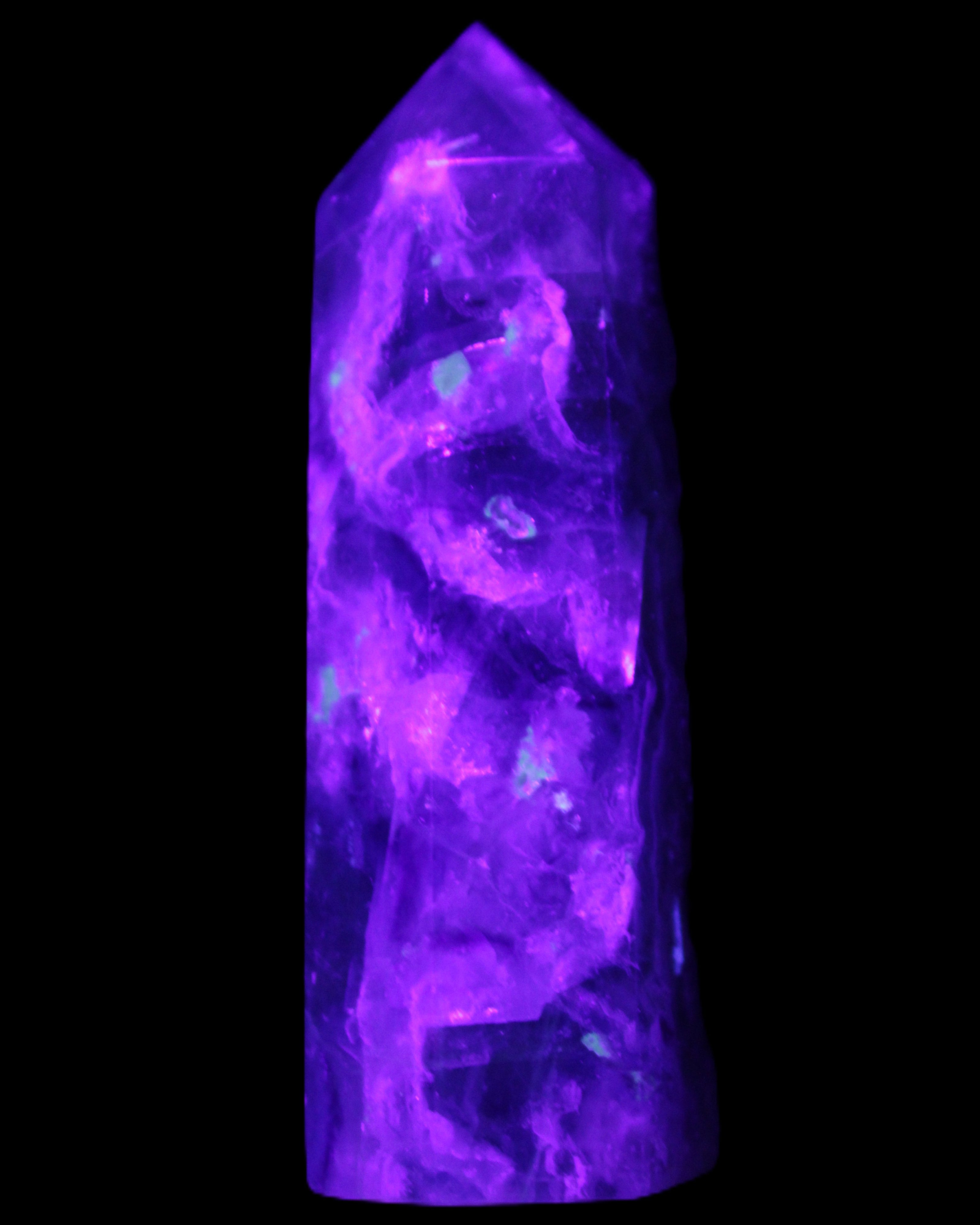 Rainbow Fluorite obelisk 95*29*34mm 170g in UV light - Rocks and Things Store