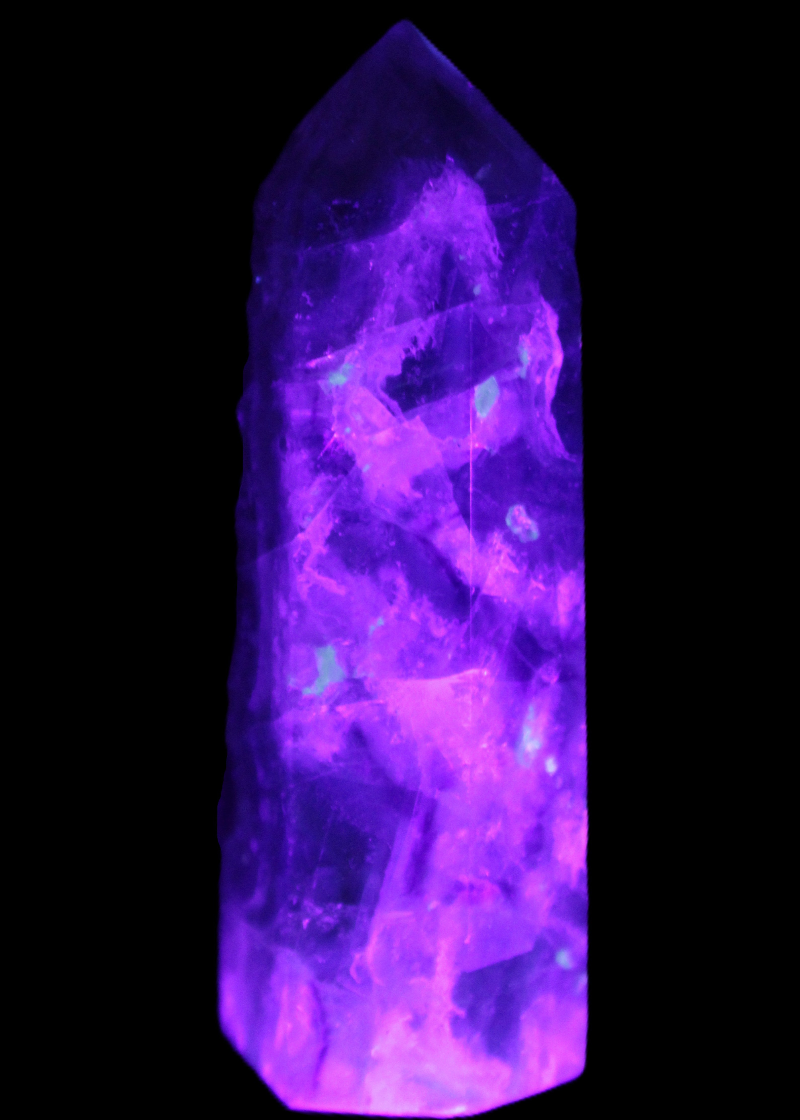 Rainbow Fluorite obelisk 95*29*34mm 170g in UV light - Rocks and Things Store