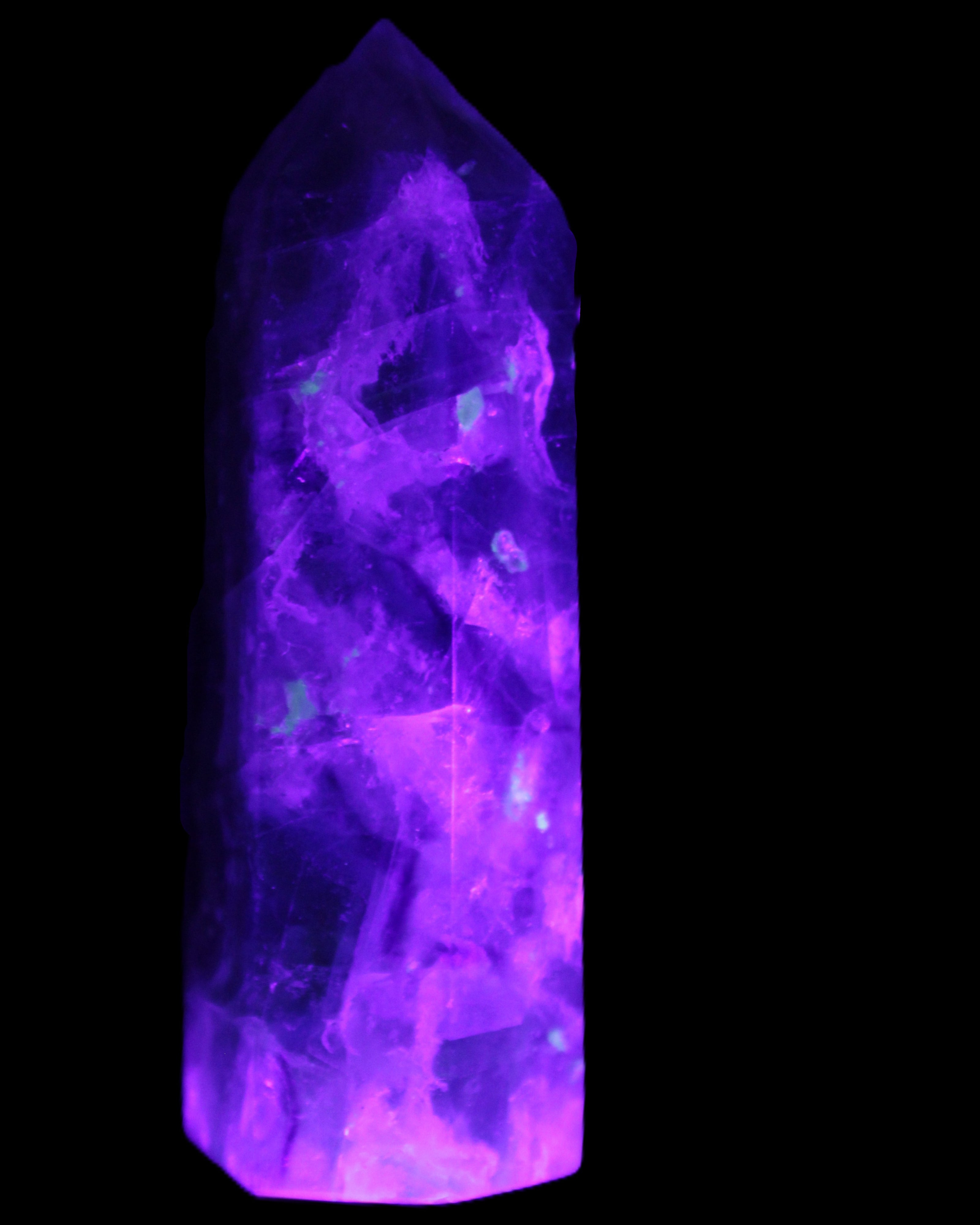 Rainbow Fluorite obelisk 95*29*34mm 170g in UV light - Rocks and Things Store