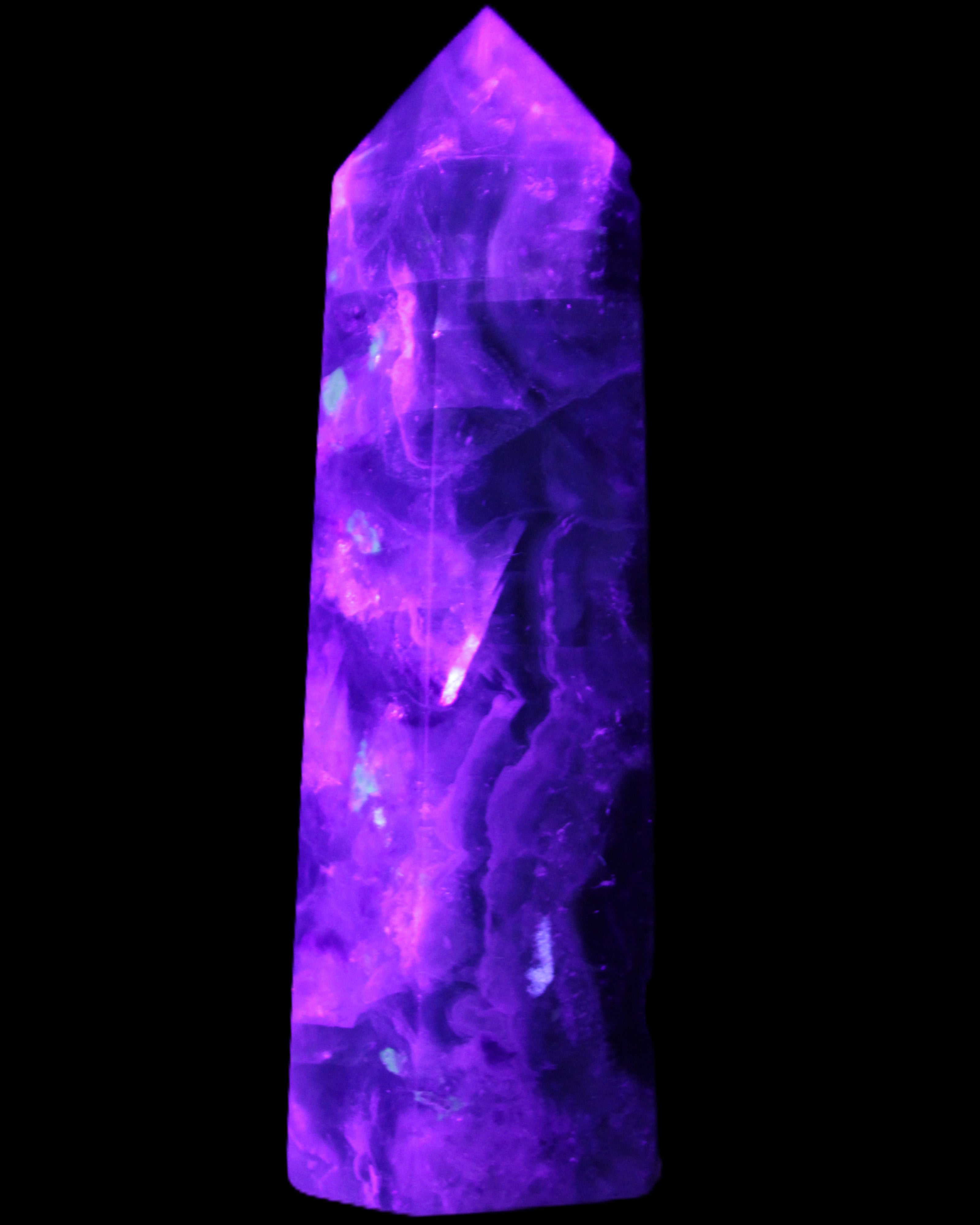 Rainbow Fluorite obelisk 95*29*34mm 170g in UV light - Rocks and Things Store