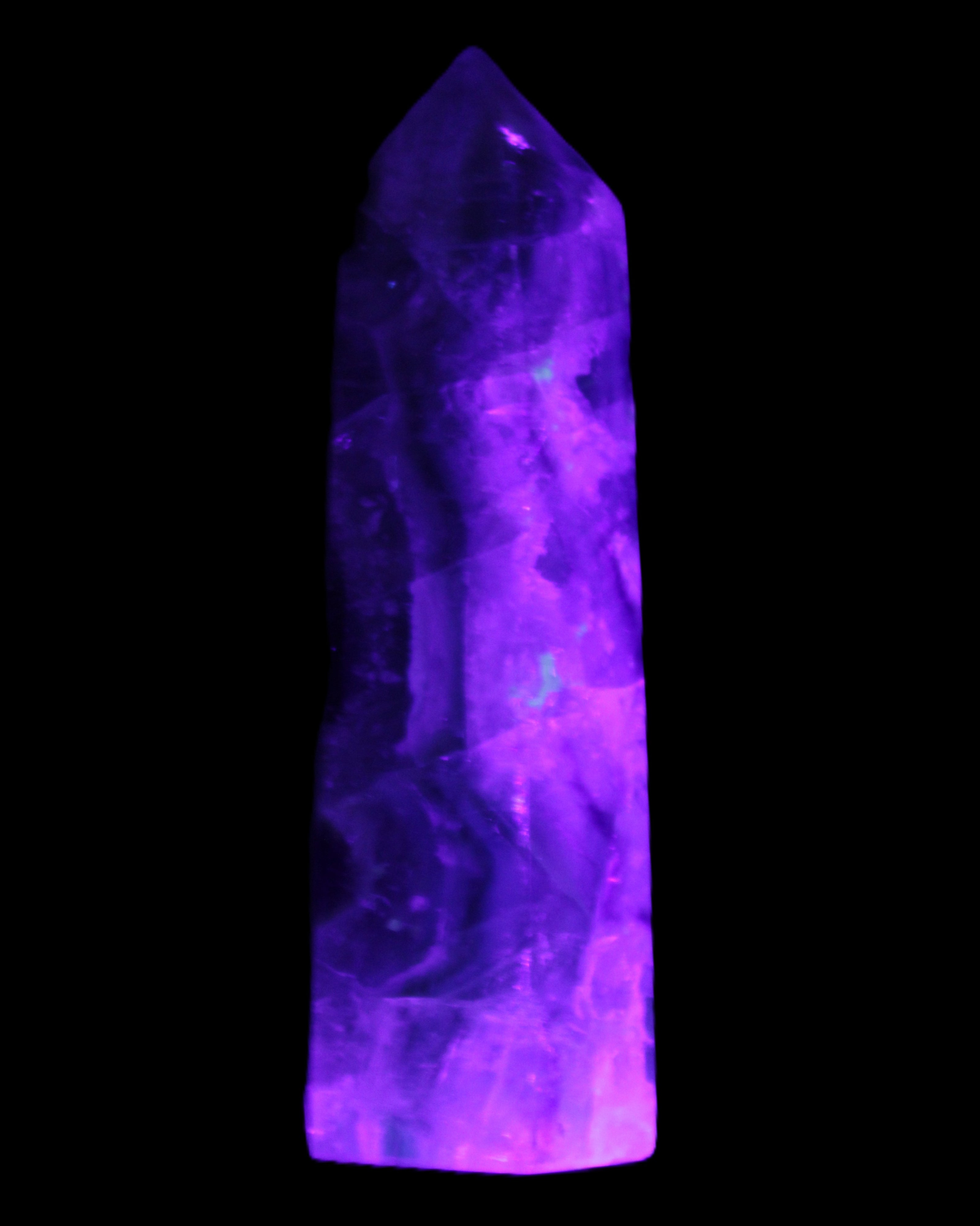 Rainbow Fluorite obelisk 95*29*34mm 170g in UV light - Rocks and Things Store
