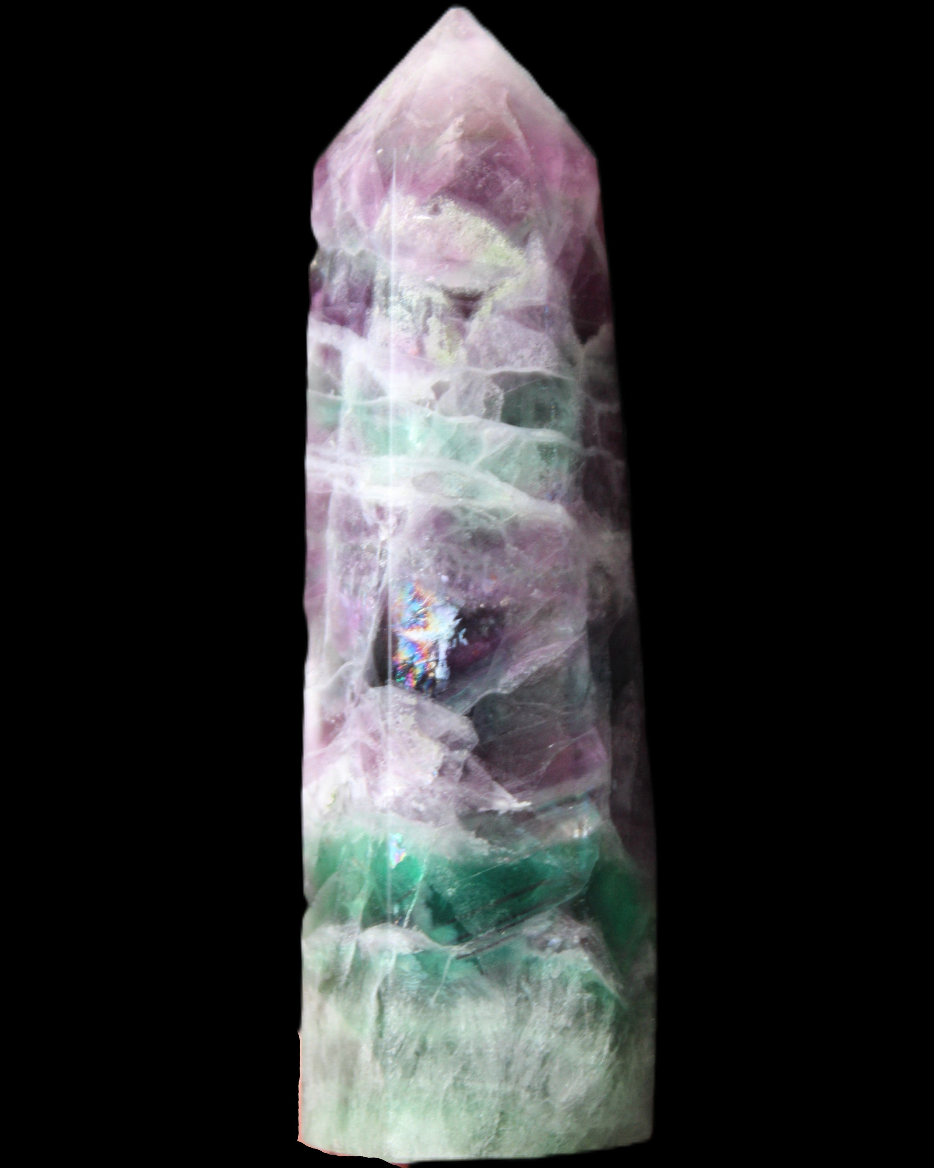 Rainbow Fluorite obelisk 98*27*29mm 151g in sunlight - Rocks and Things Store