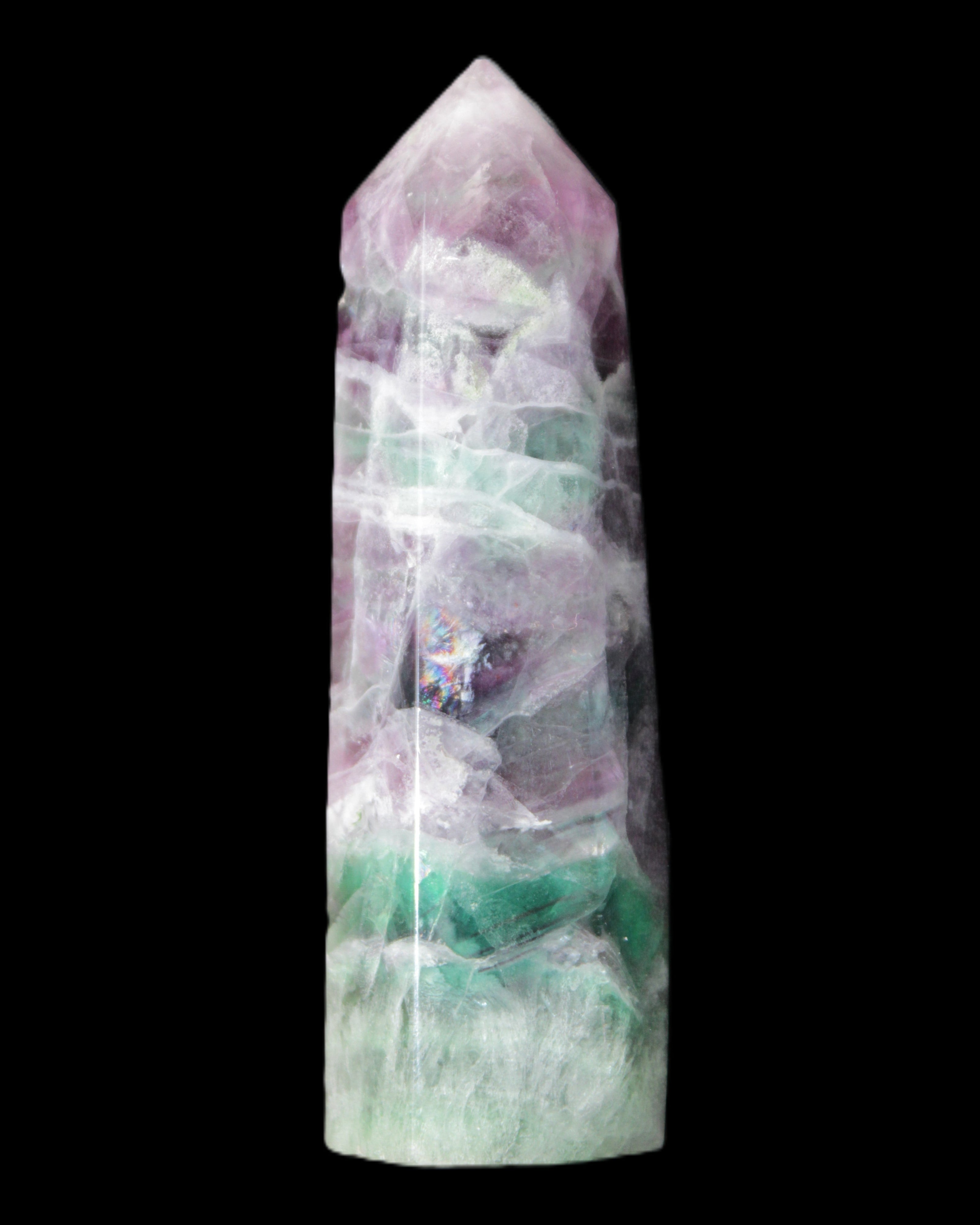 Rainbow Fluorite obelisk 98*27*29mm 151g in sunlight - Rocks and Things Store