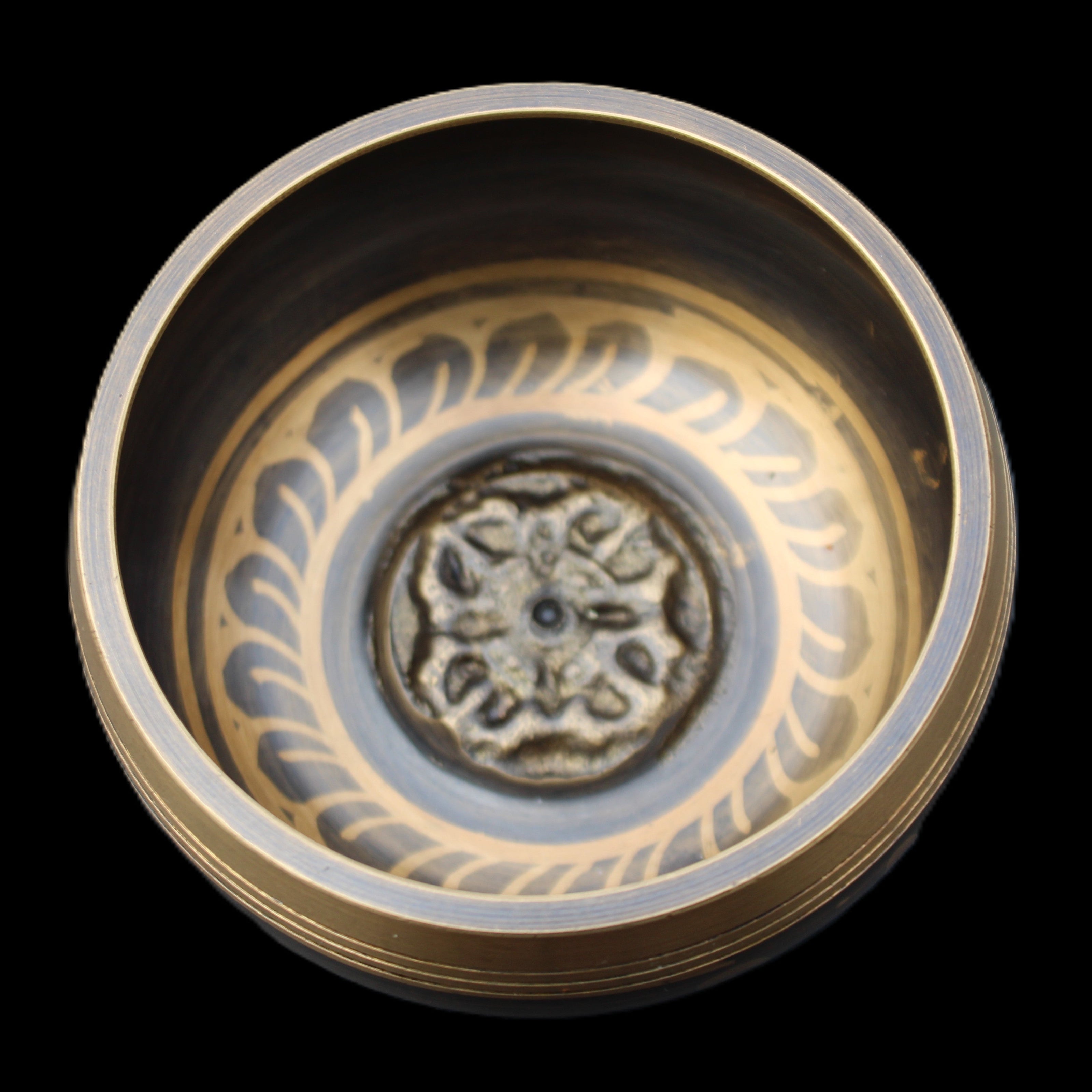 Tibetan Singing bowl - black - 82mm with matt and mallet 130mm 248g in sunlight - Rocks and Things Store