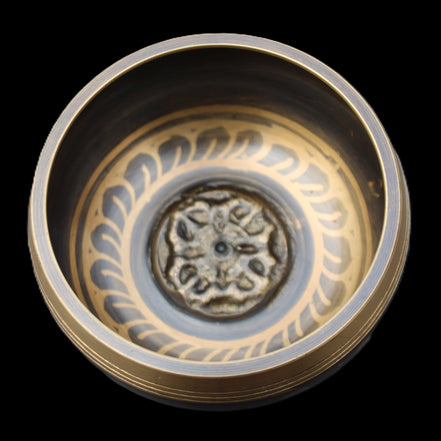 Tibetan Singing bowl - black - 82mm with matt and mallet 130mm 248g in sunlight - Rocks and Things Store