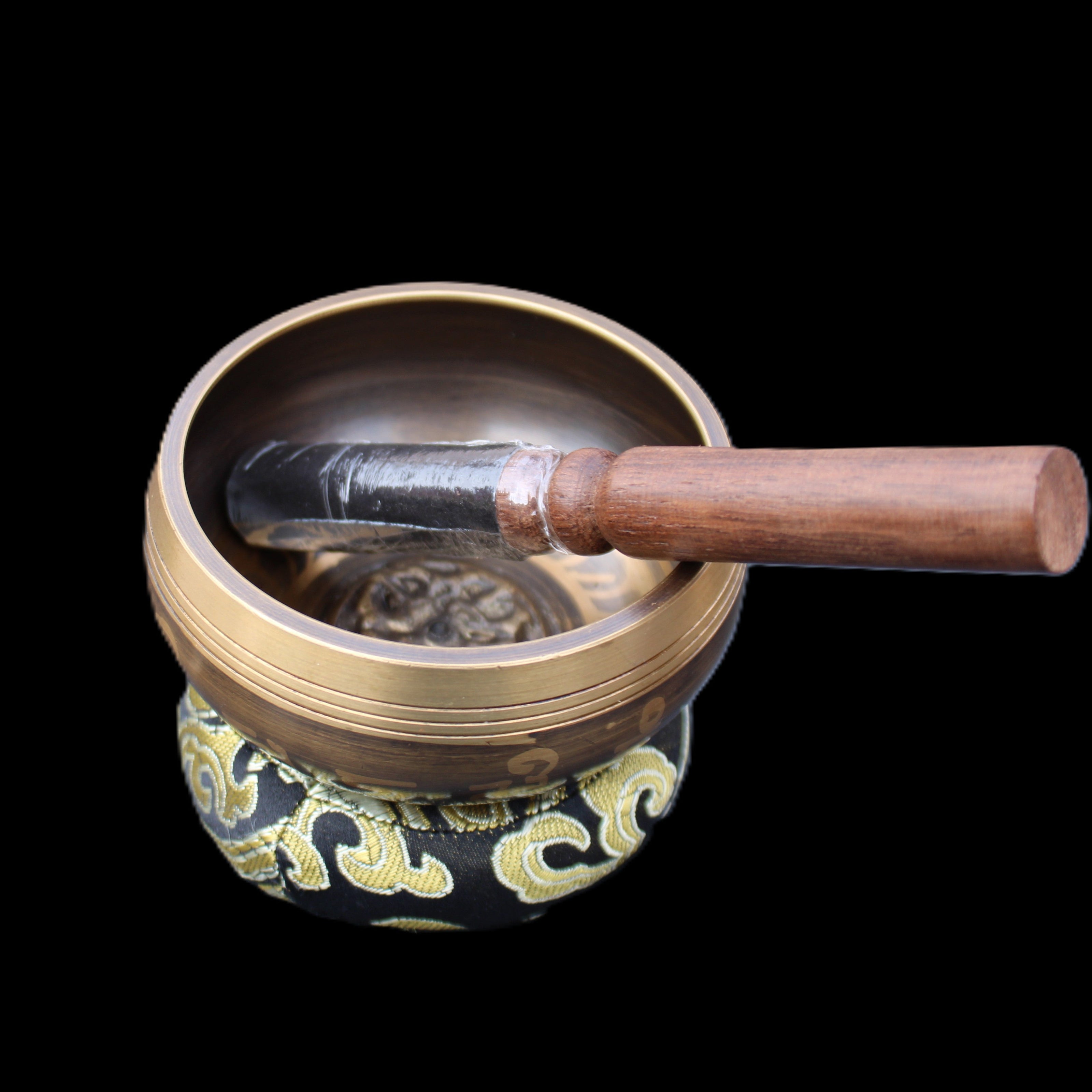 Tibetan Singing bowl - black - 82mm with matt and mallet 130mm 248g in sunlight - Rocks and Things Store