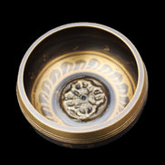 Tibetan Singing bowl - black - 82mm with matt and mallet 130mm 248g in sunlight - Rocks and Things Store