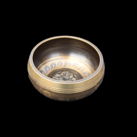 Tibetan Singing bowl - black - 82mm with matt and mallet 130mm 248g in sunlight - Rocks and Things Store