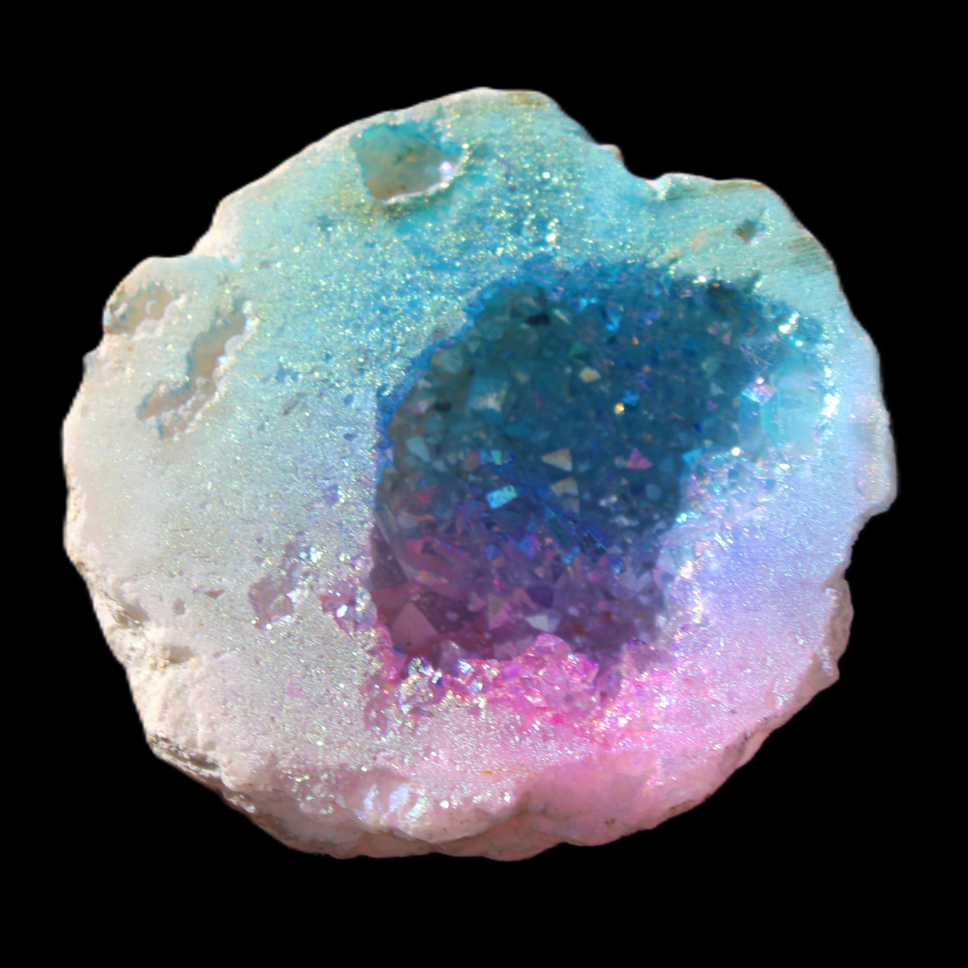 Angel Aura Agate geode 42+mm 39-52g in sunlight - Rocks and Things Store