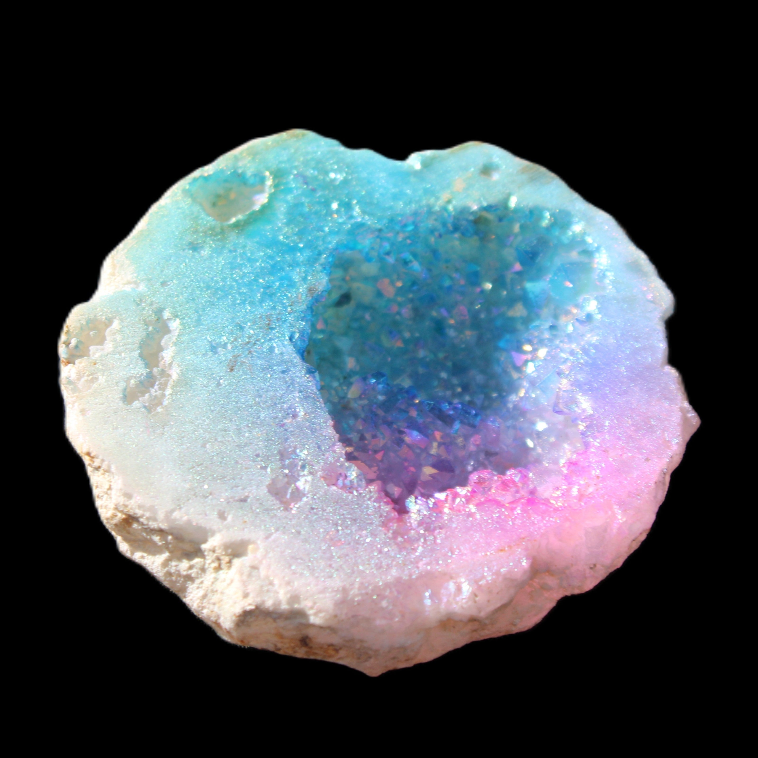 Angel Aura Agate geode 42+mm 39-52g in sunlight - Rocks and Things Store