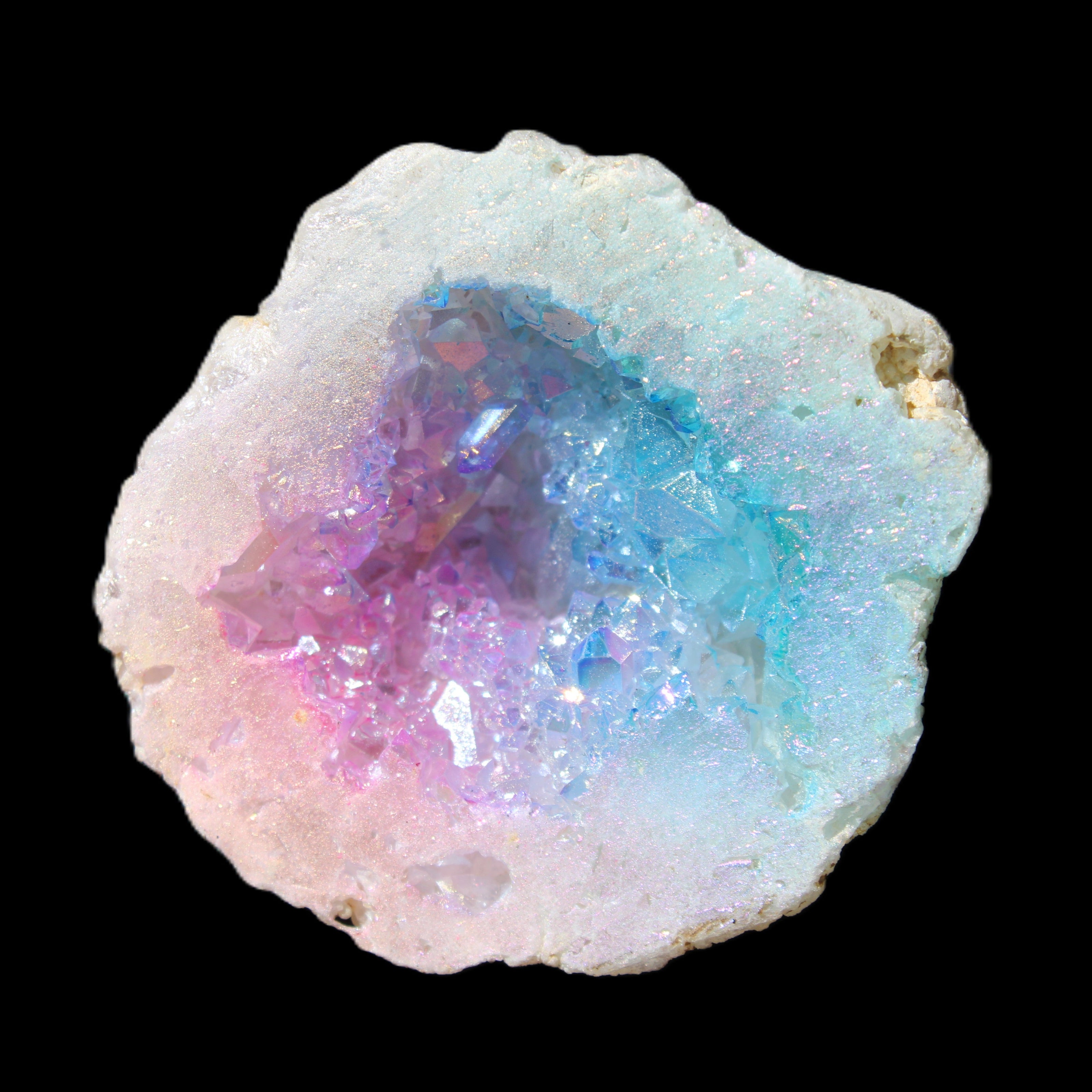 Angel Aura Agate geode 51mm 45/54g in sunlight - Rocks and Things Store