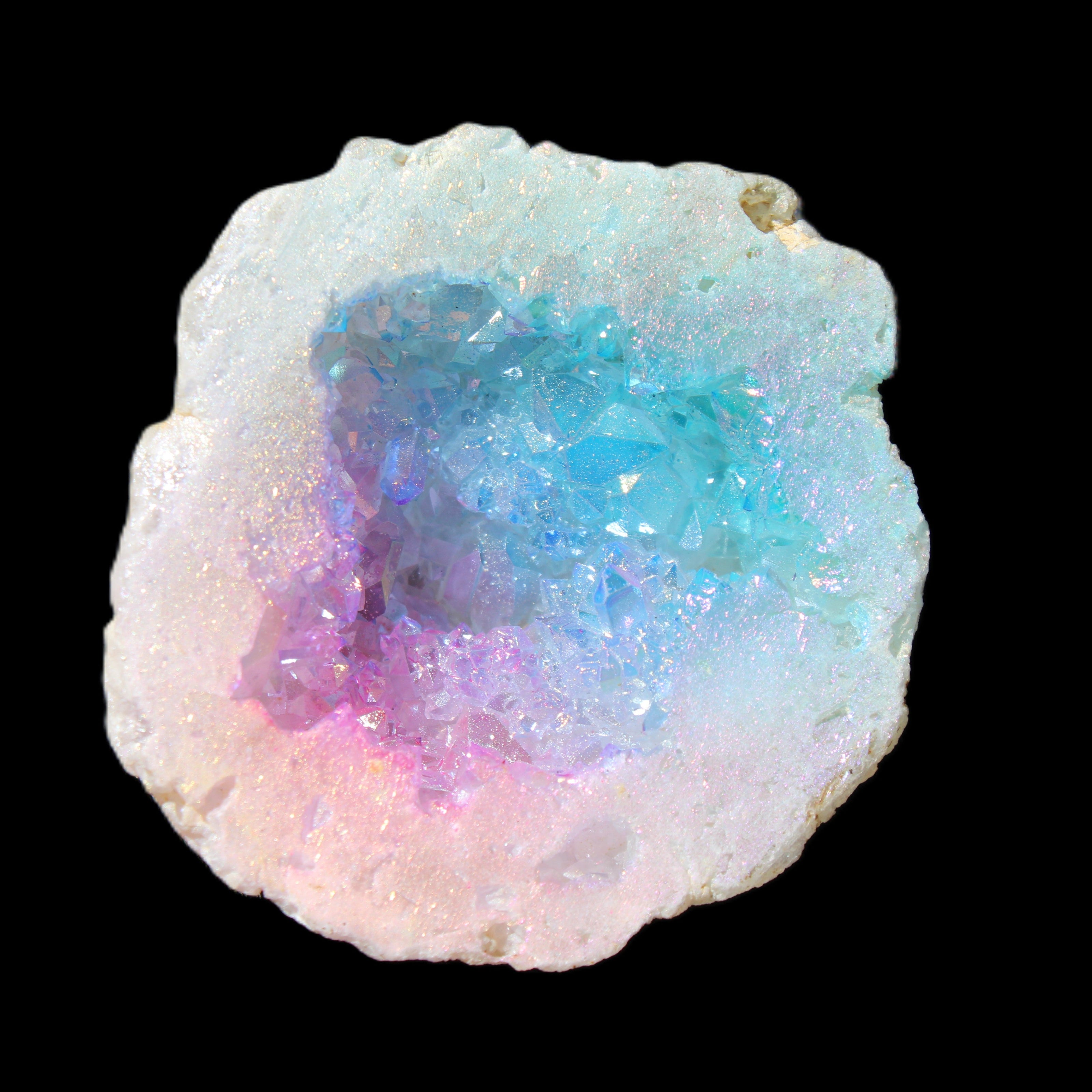 Angel Aura Agate geode 51mm 45/54g in sunlight - Rocks and Things Store