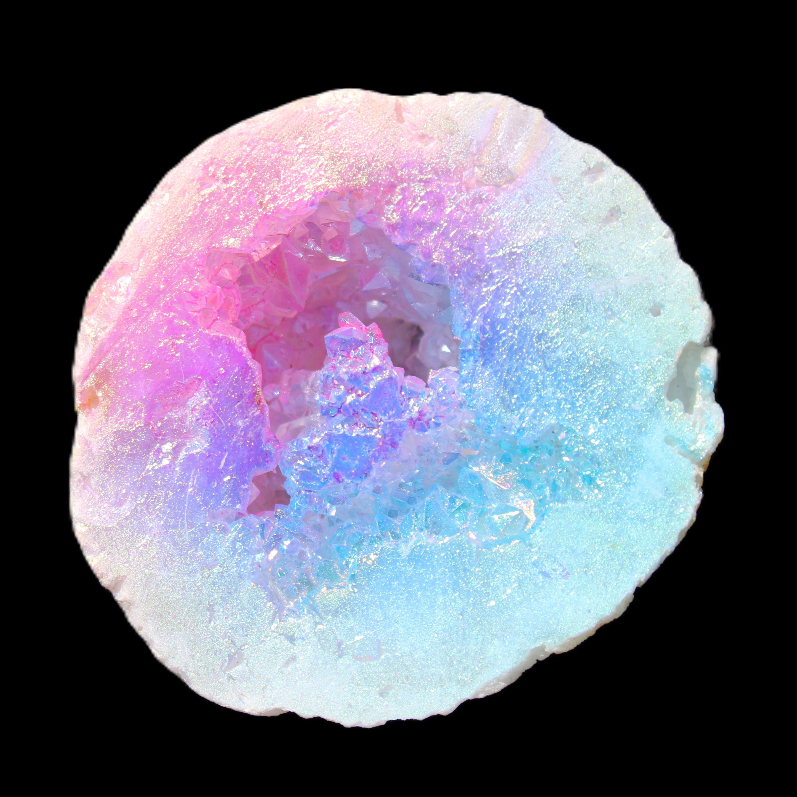 Angel Aura Agate geode 51mm 45/54g in sunlight - Rocks and Things Store