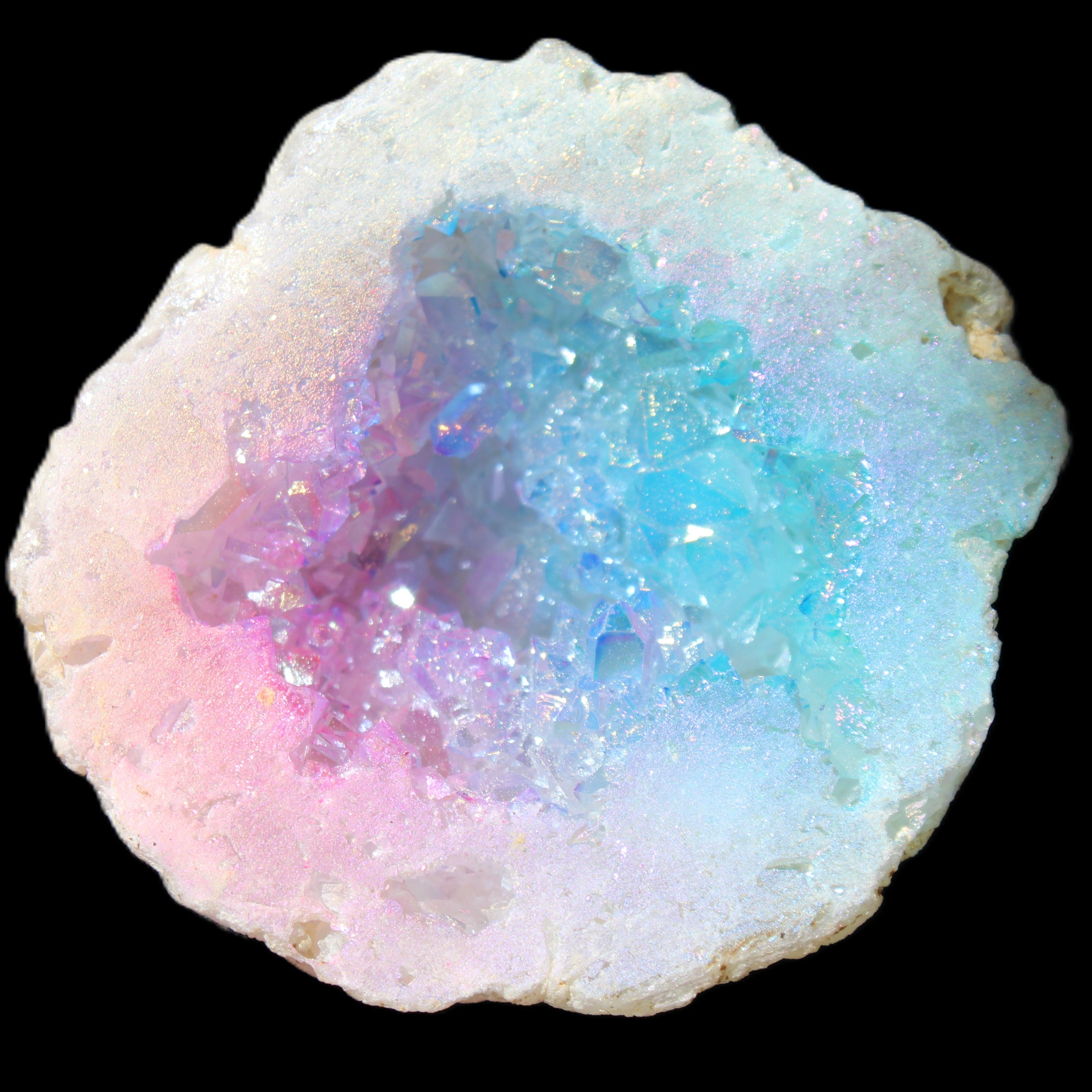 Angel Aura Agate geode 51mm 45/54g in sunlight - Rocks and Things Store