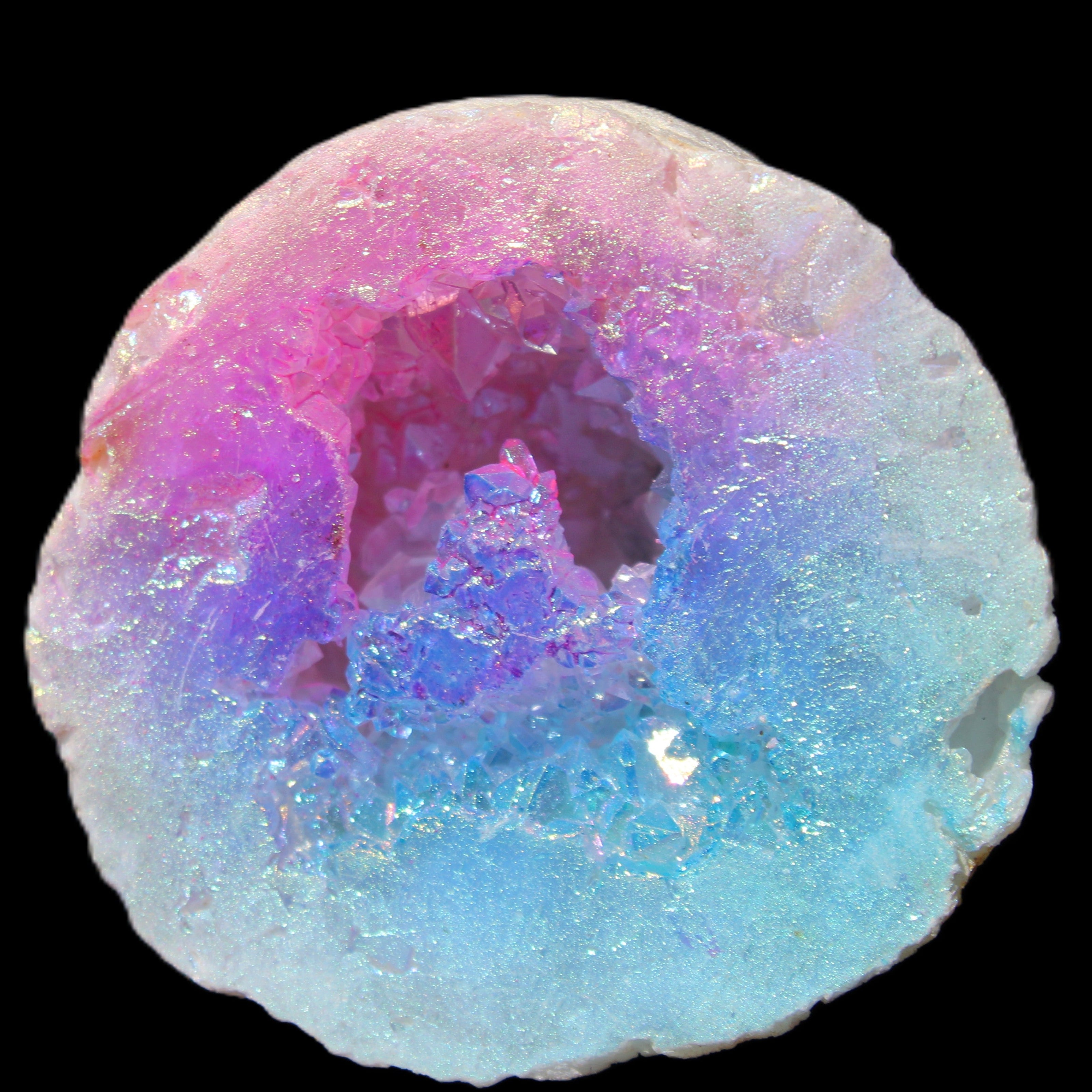 Angel Aura Agate geode 51mm 45/54g in sunlight - Rocks and Things Store
