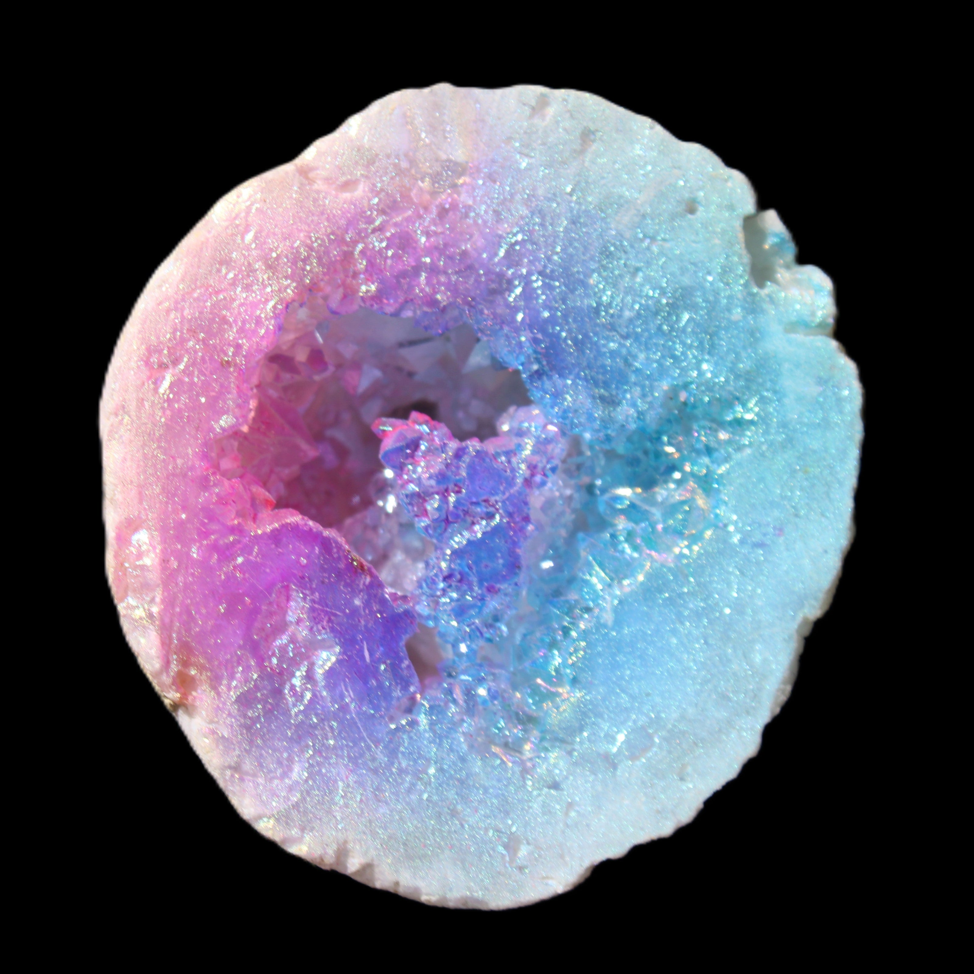 Angel Aura Agate geode 51mm 45/54g in sunlight - Rocks and Things Store