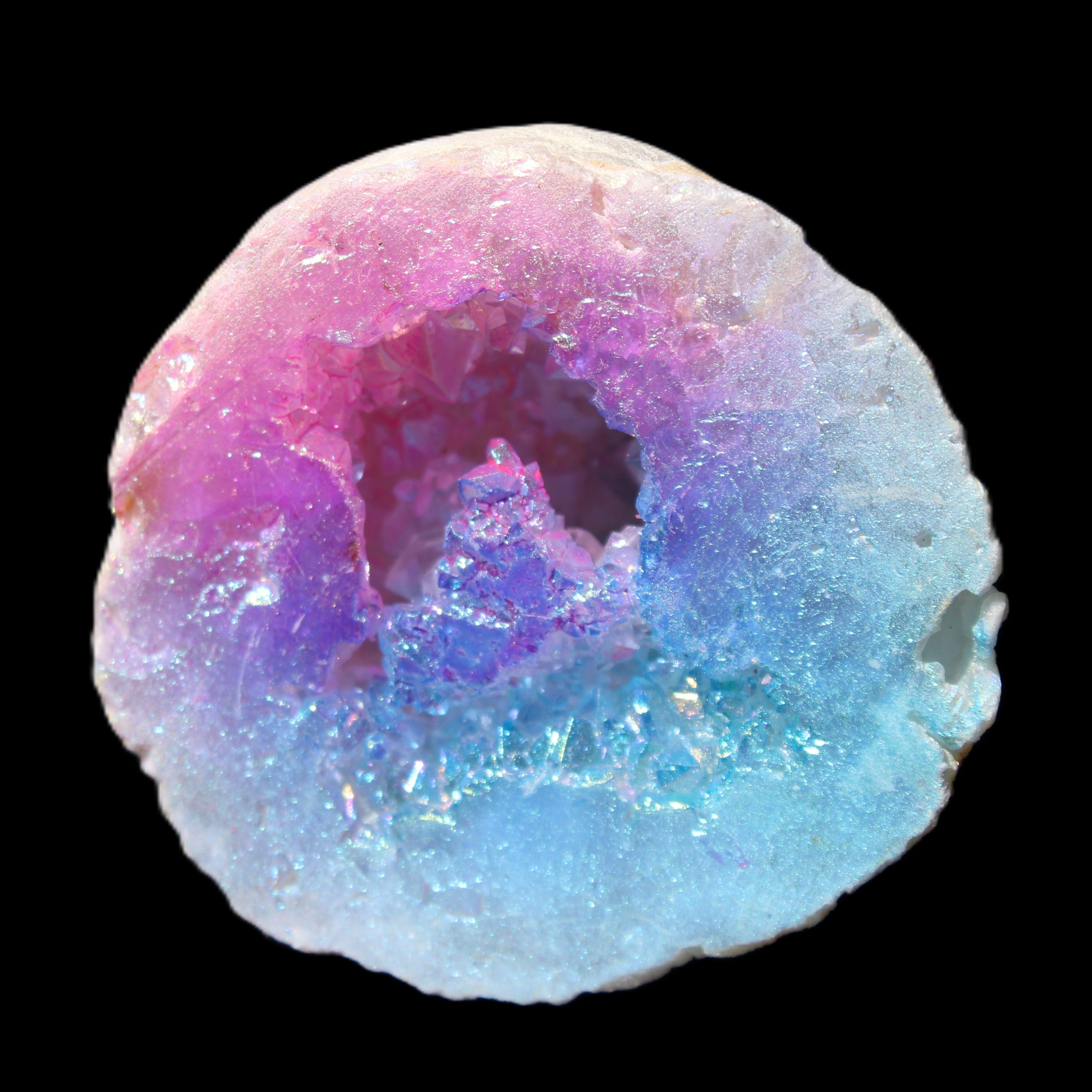 Angel Aura Agate geode 51mm 45/54g in sunlight - Rocks and Things Store