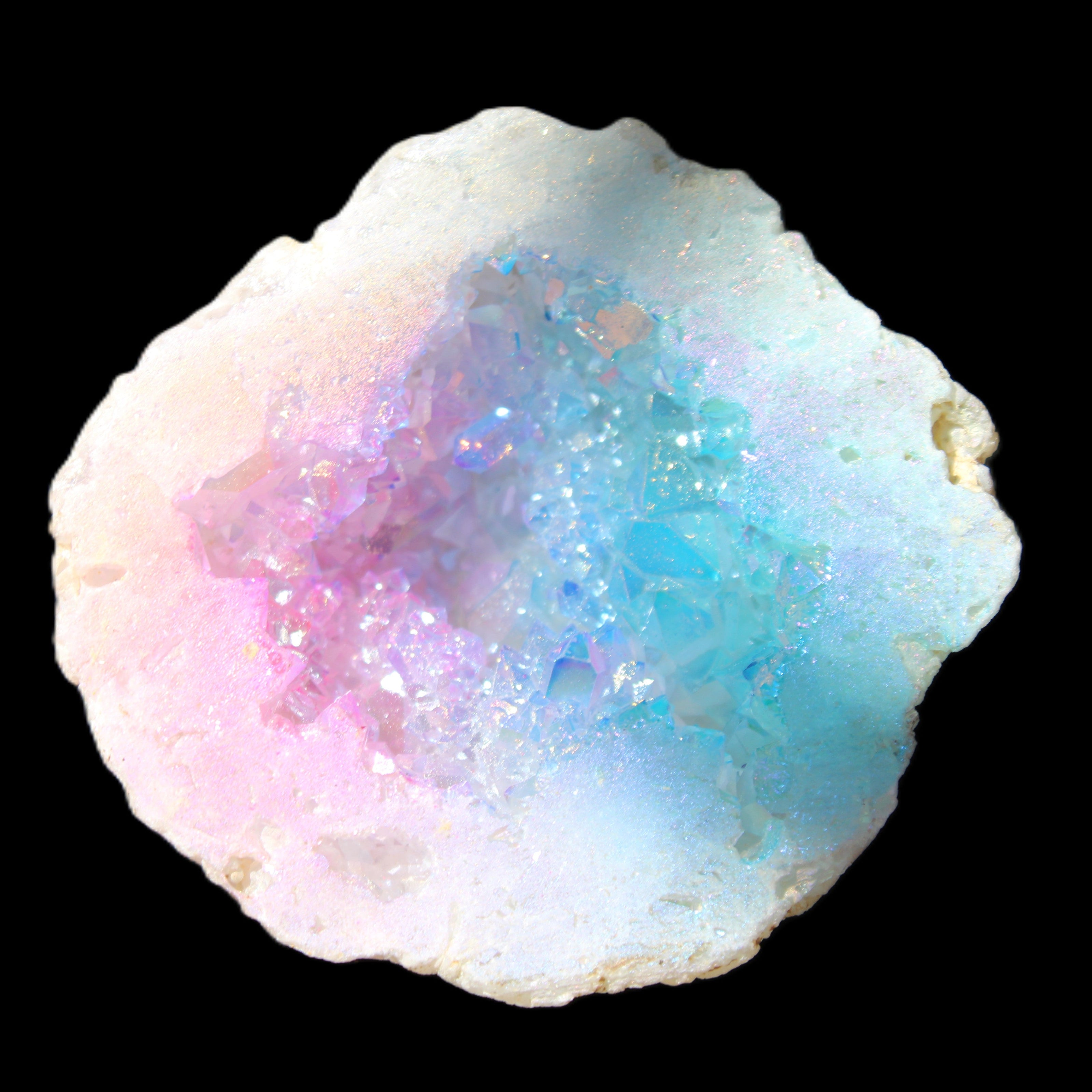 Angel Aura Agate geode 51mm 45/54g in sunlight - Rocks and Things Store