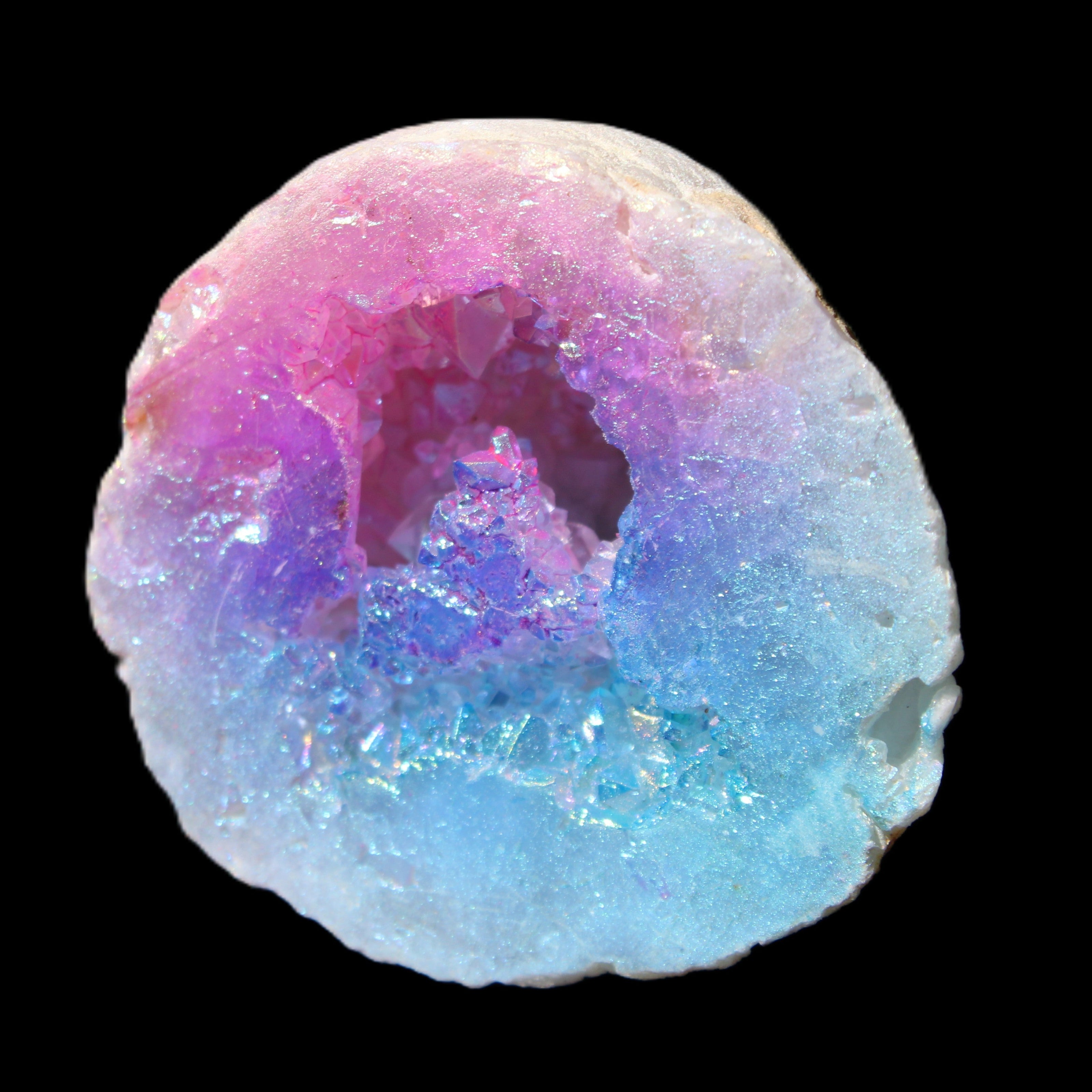 Angel Aura Agate geode 51mm 45/54g in sunlight - Rocks and Things Store