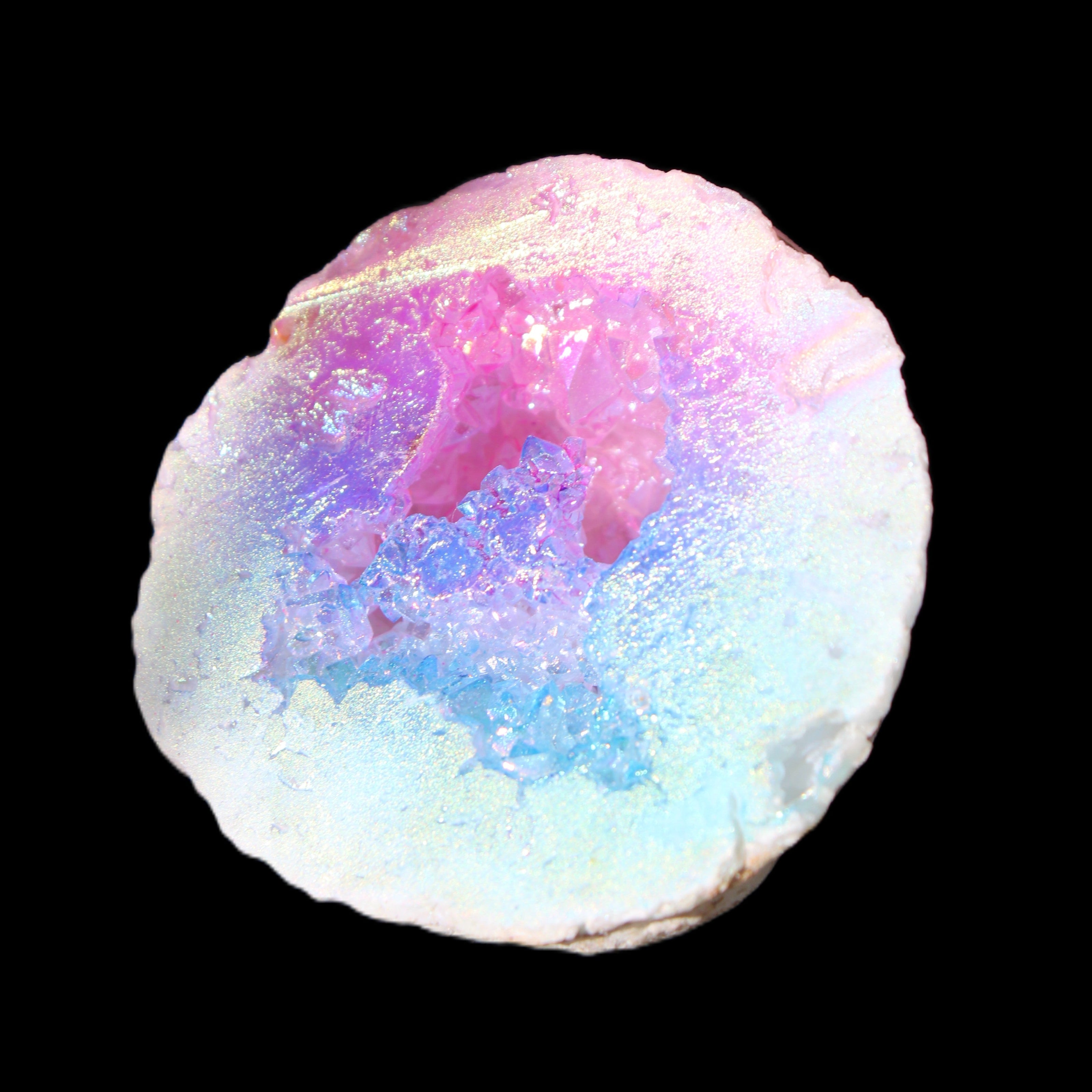 Angel Aura Agate geode 51mm 45/54g in sunlight - Rocks and Things Store