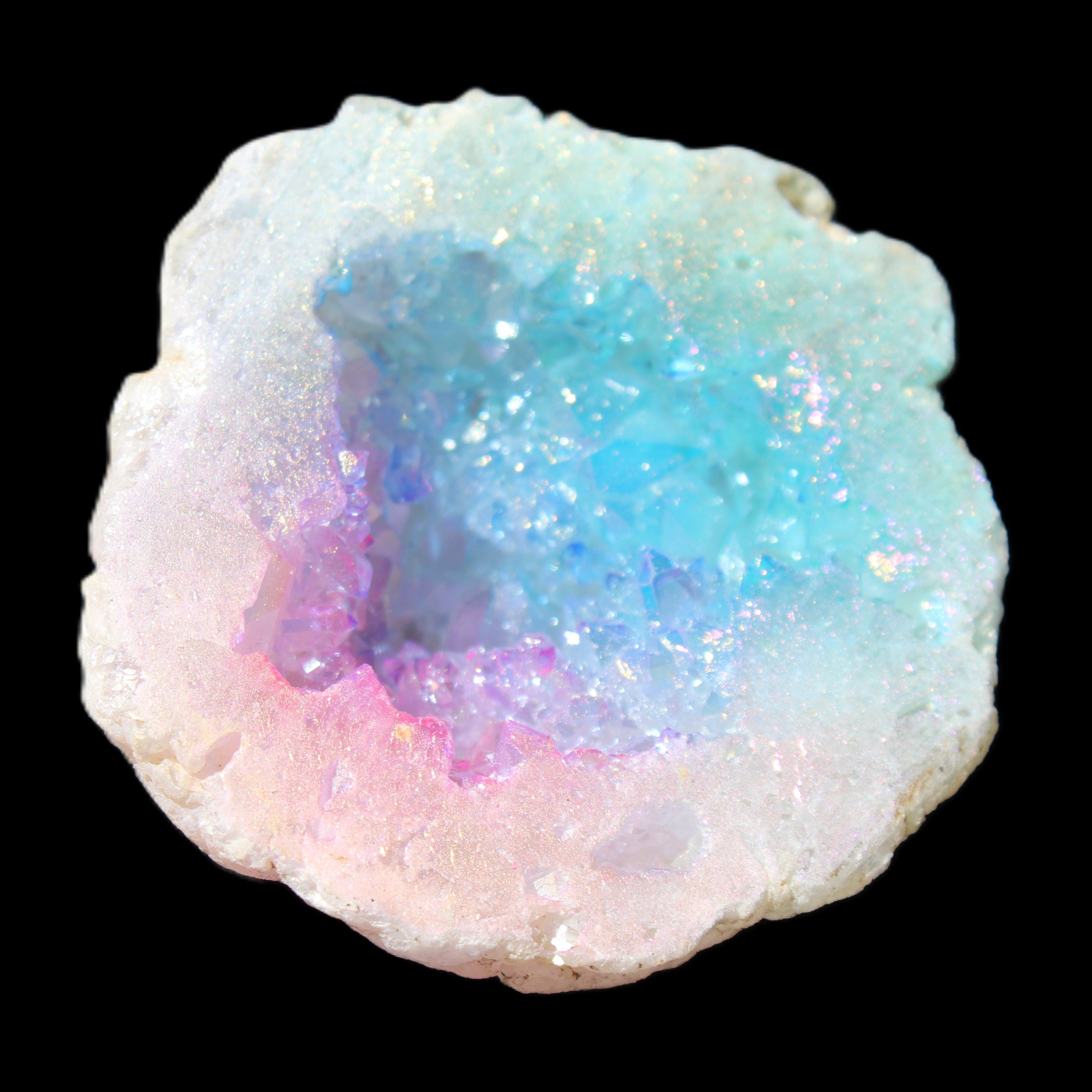 Angel Aura Agate geode 51mm 45/54g in sunlight - Rocks and Things Store