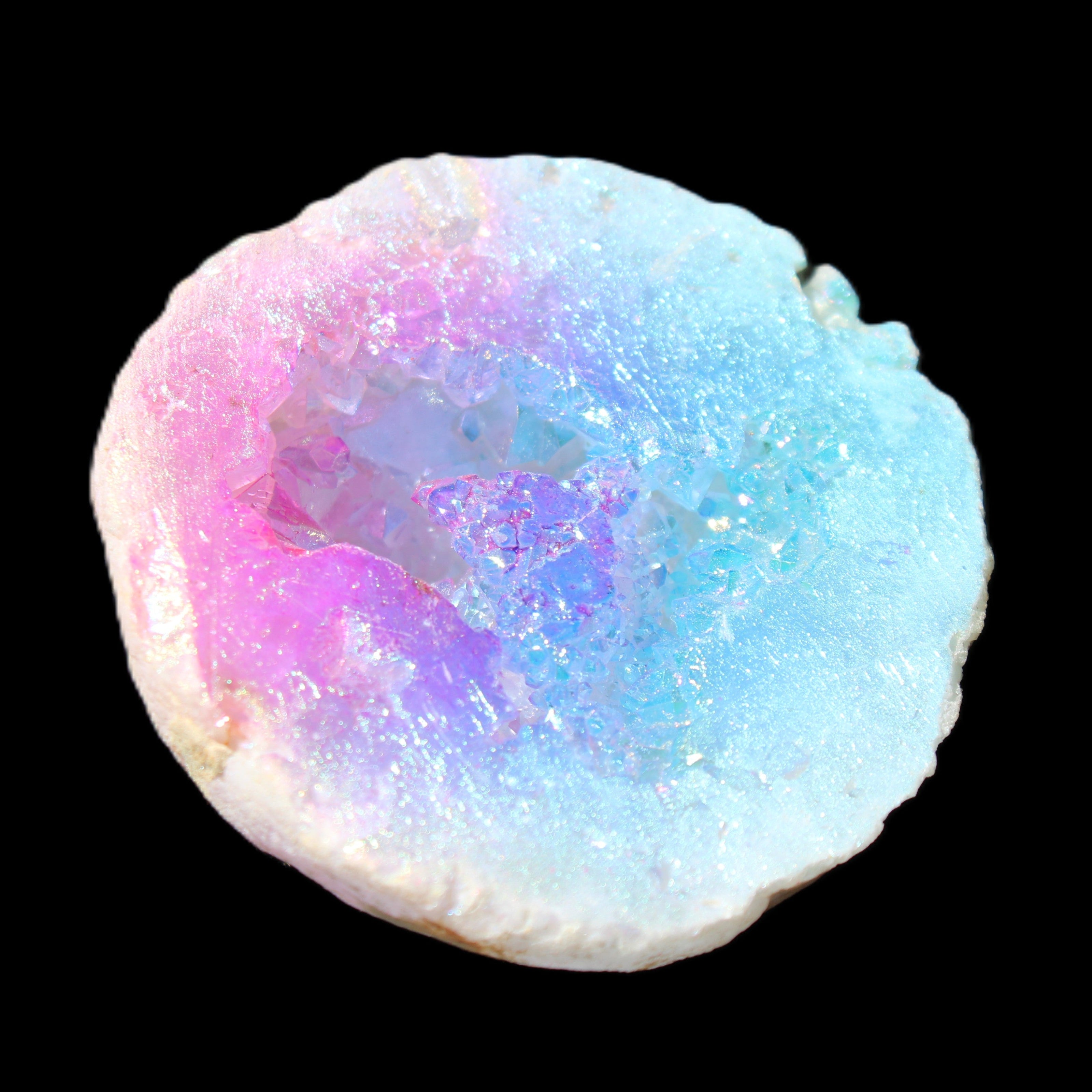 Angel Aura Agate geode 51mm 45/54g in sunlight - Rocks and Things Store