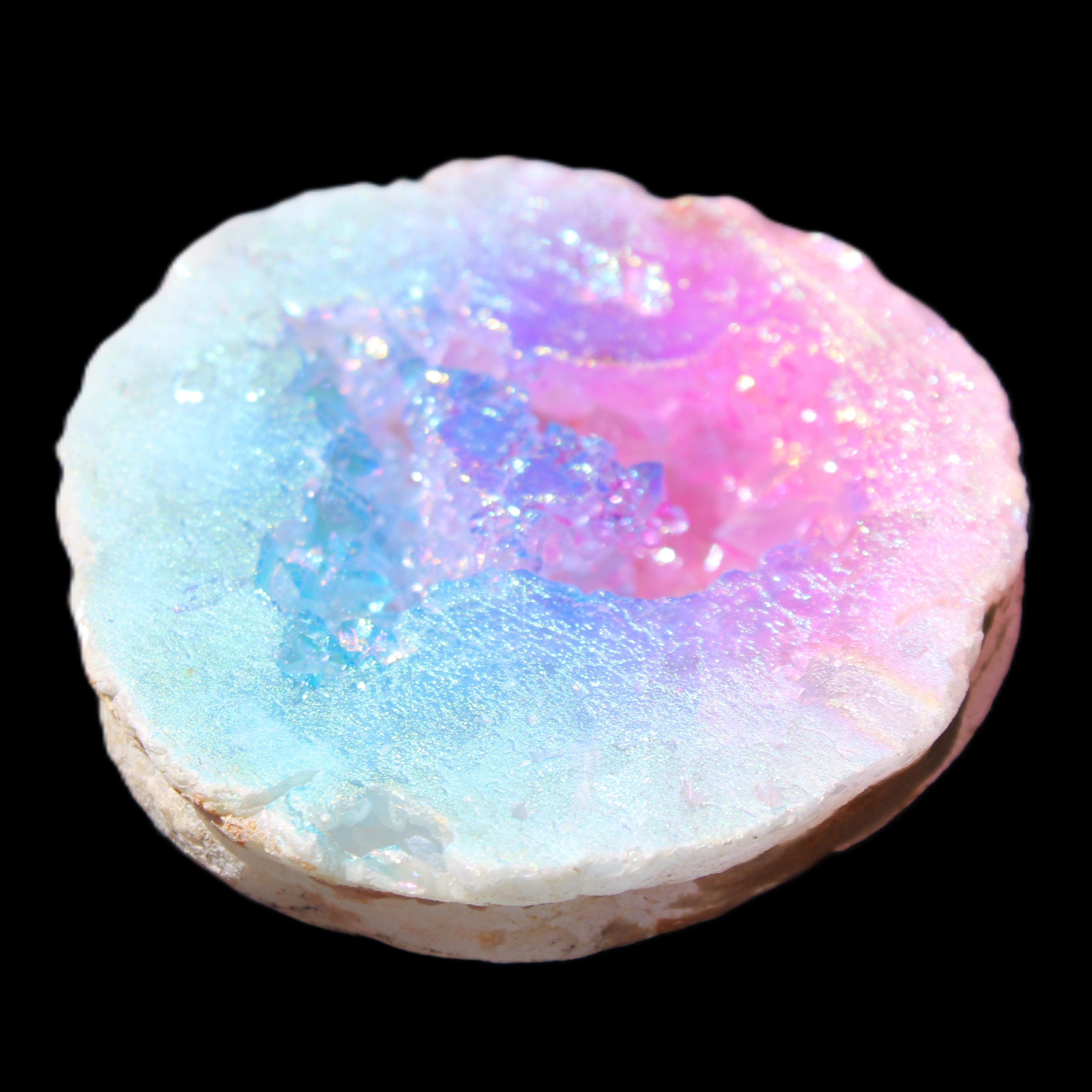 Angel Aura Agate geode 51mm 45/54g in sunlight - Rocks and Things Store