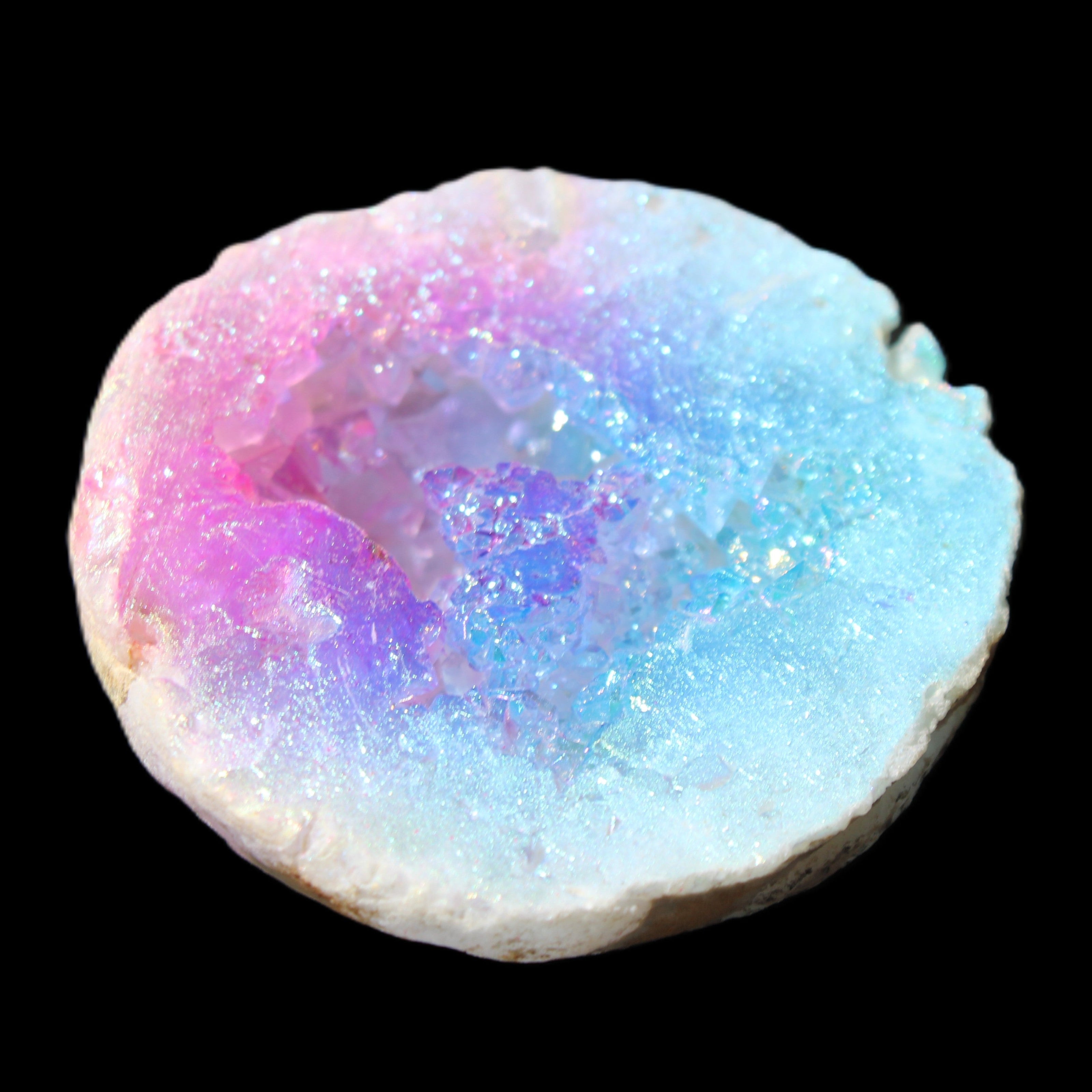 Angel Aura Agate geode 51mm 45/54g in sunlight - Rocks and Things Store