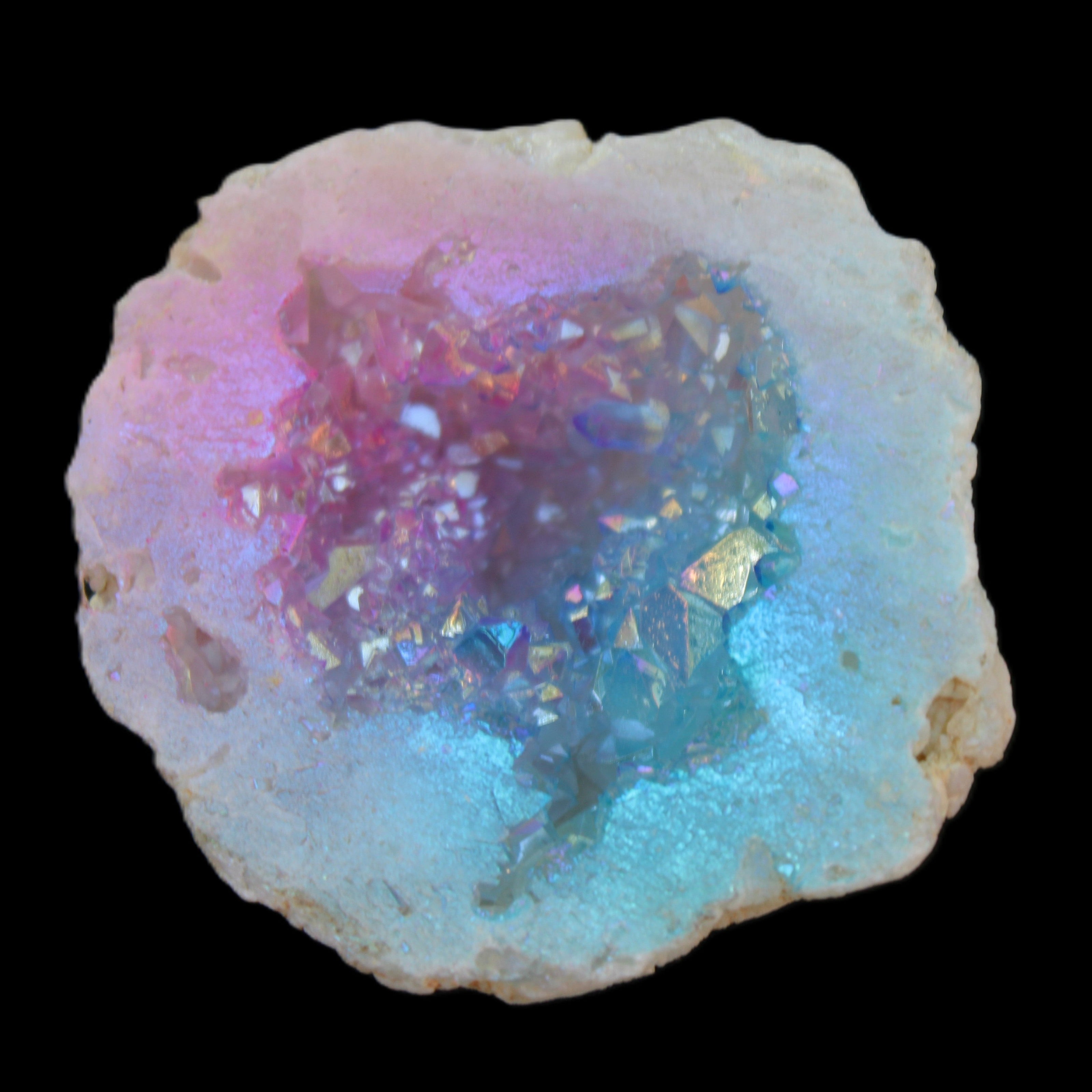 Angel Aura Agate geode 51mm 45/54g in sunlight - Rocks and Things Store