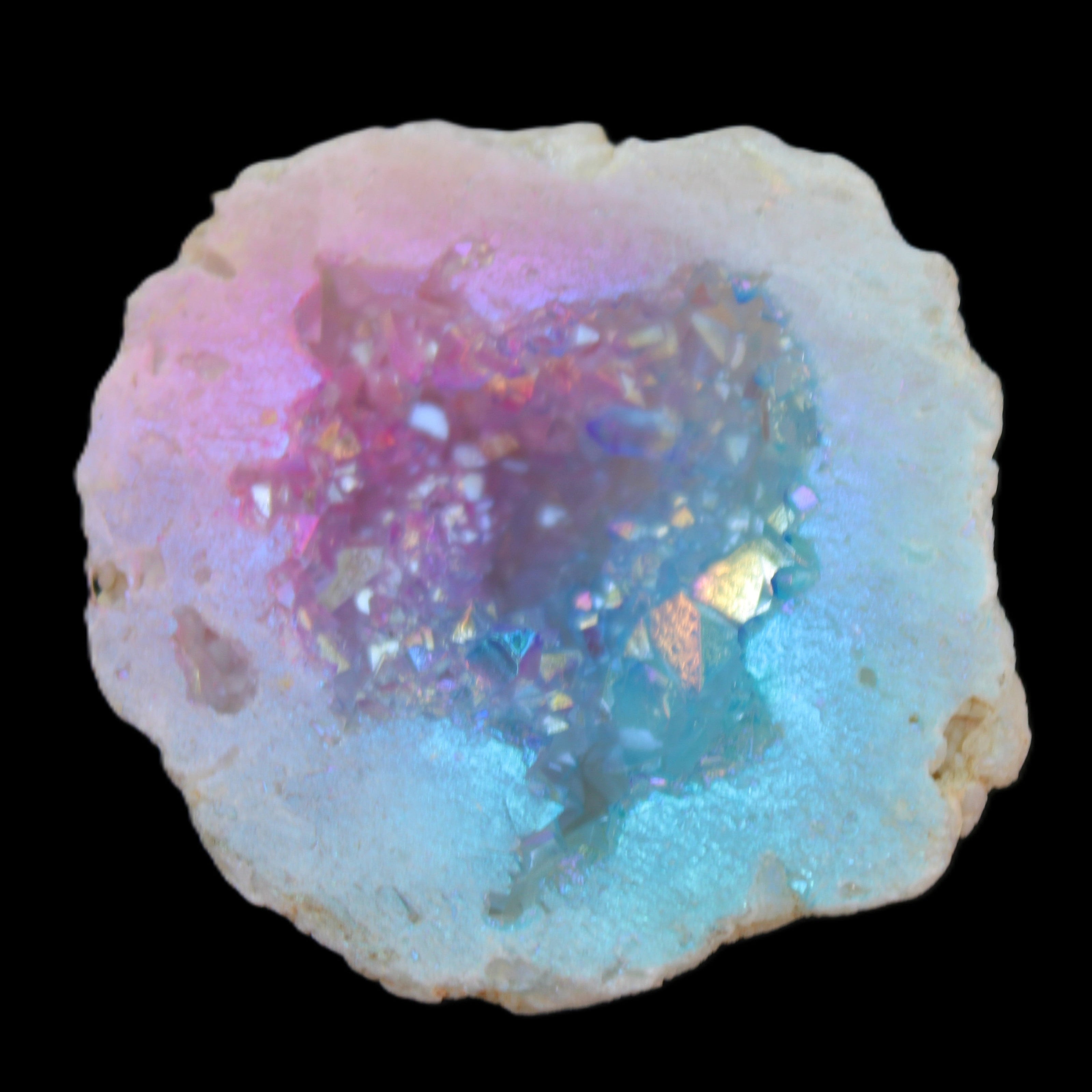 Angel Aura Agate geode 51mm 45/54g in sunlight - Rocks and Things Store