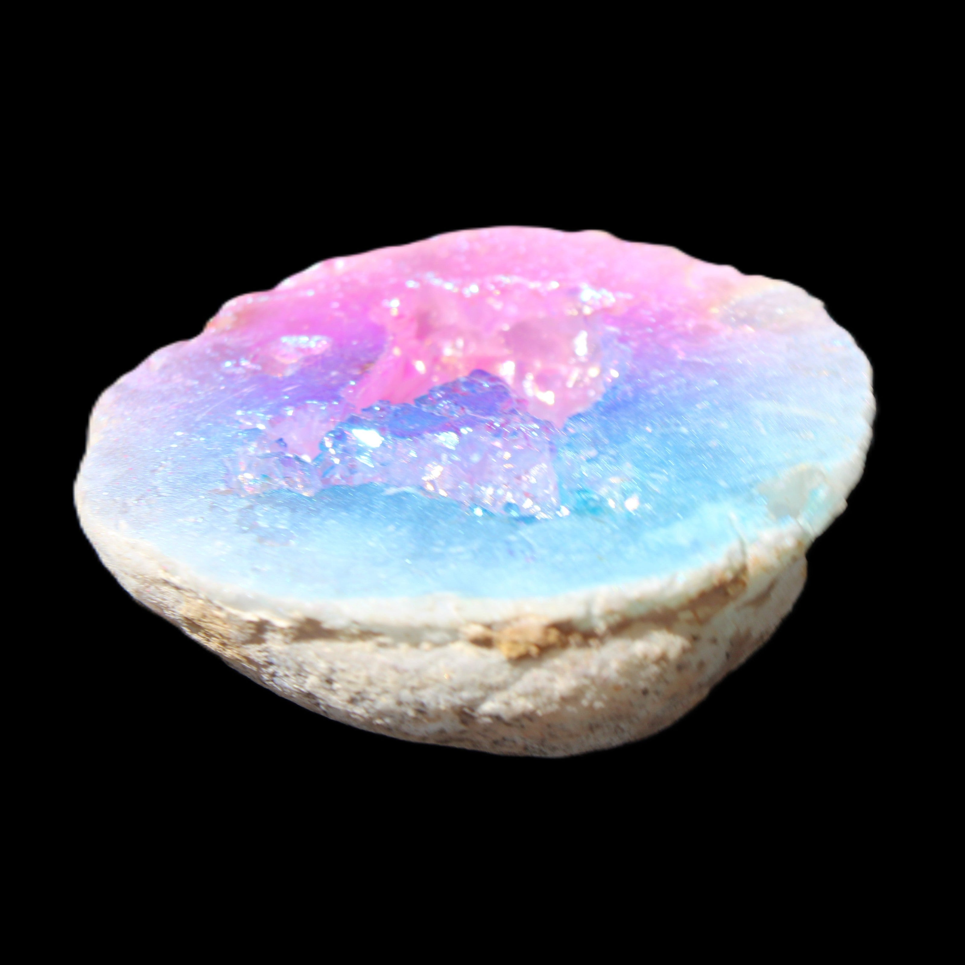 Angel Aura Agate geode 51mm 45/54g in sunlight - Rocks and Things Store